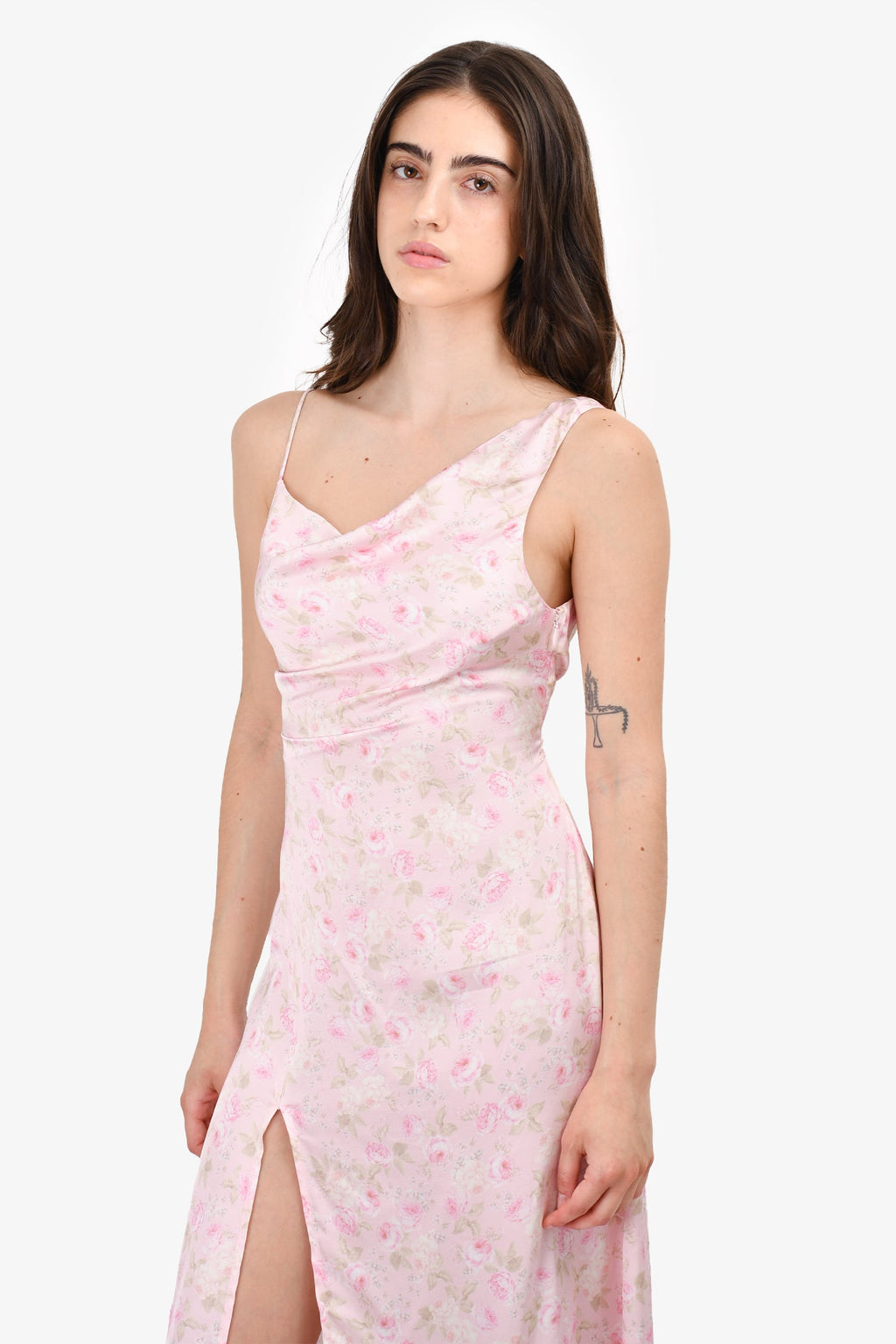 For Love & Lemons Pink Rose Printed Satin Asymmetrical Dress Size XS