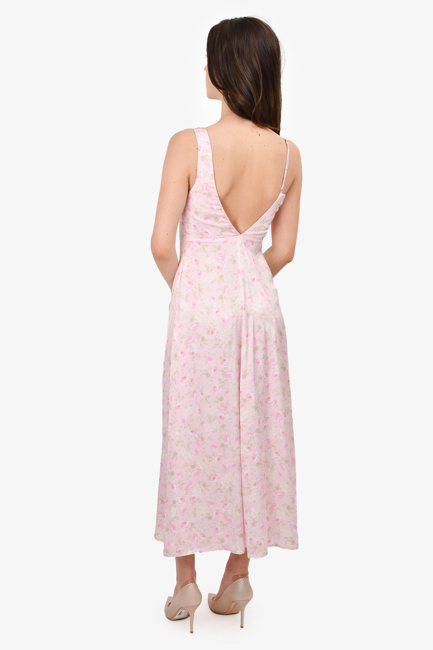 For Love & Lemons Pink Rose Printed Satin Asymmetrical Dress Size XS