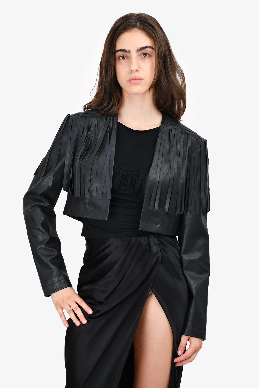Lovers + Friends Black Faux Leather Fringe Cropped Jacket Size S