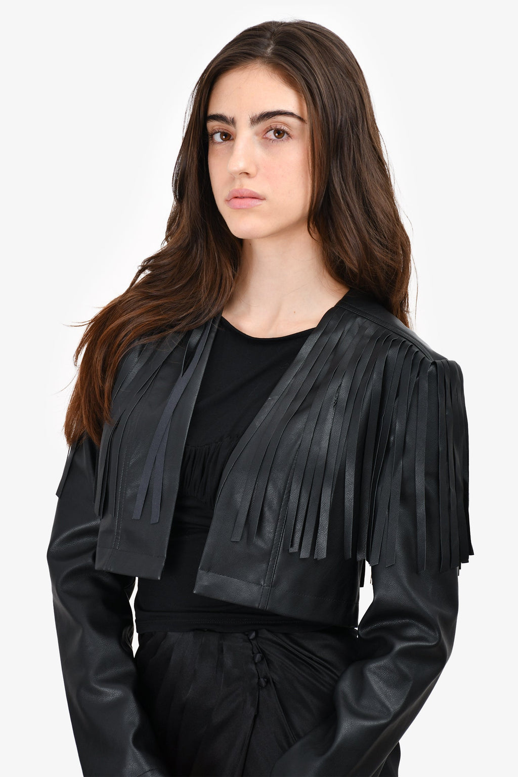 Lovers + Friends Black Faux Leather Fringe Cropped Jacket Size S
