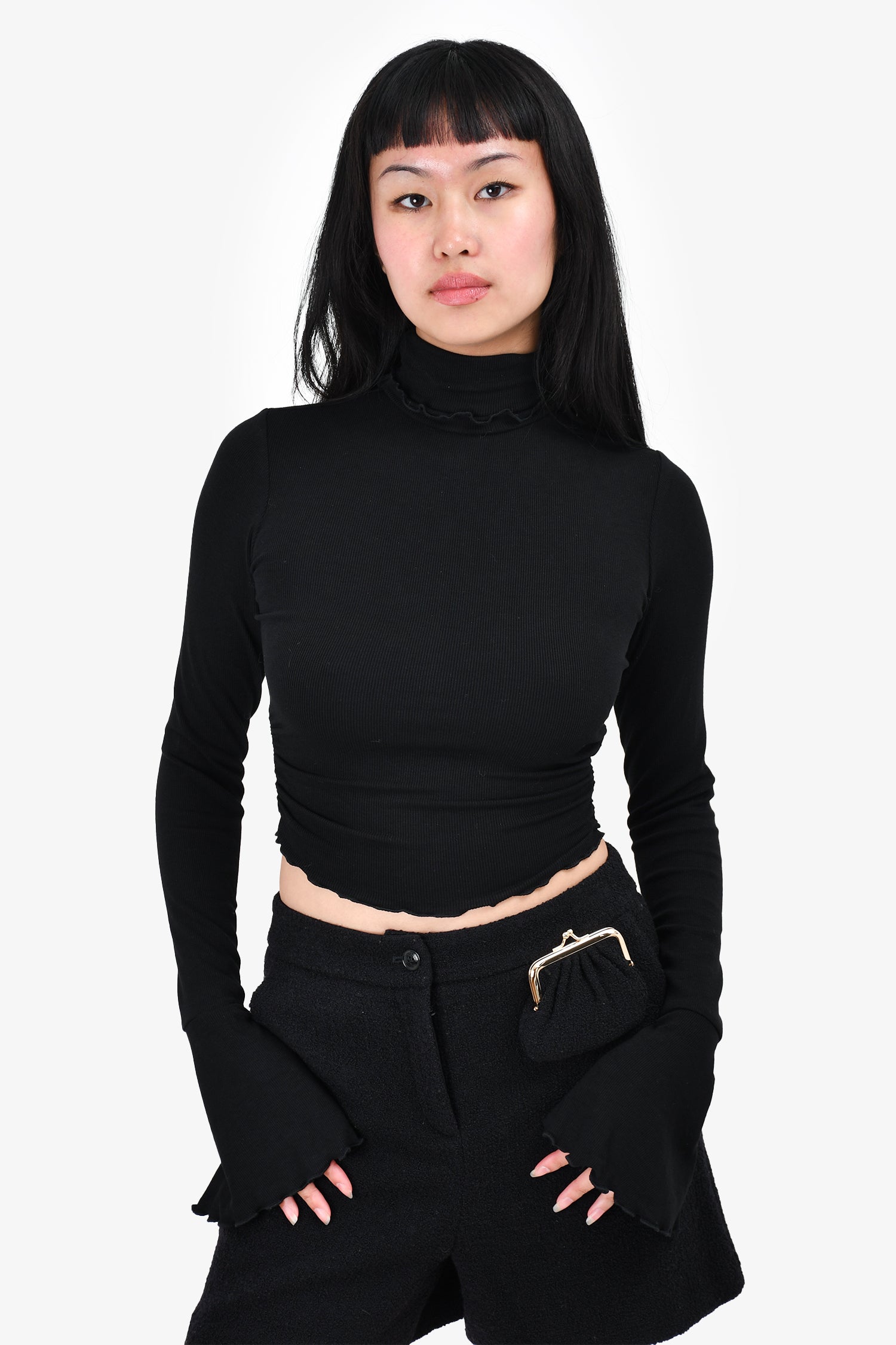 Lovers + Friends Black Ruffle Mockneck Top Size XS