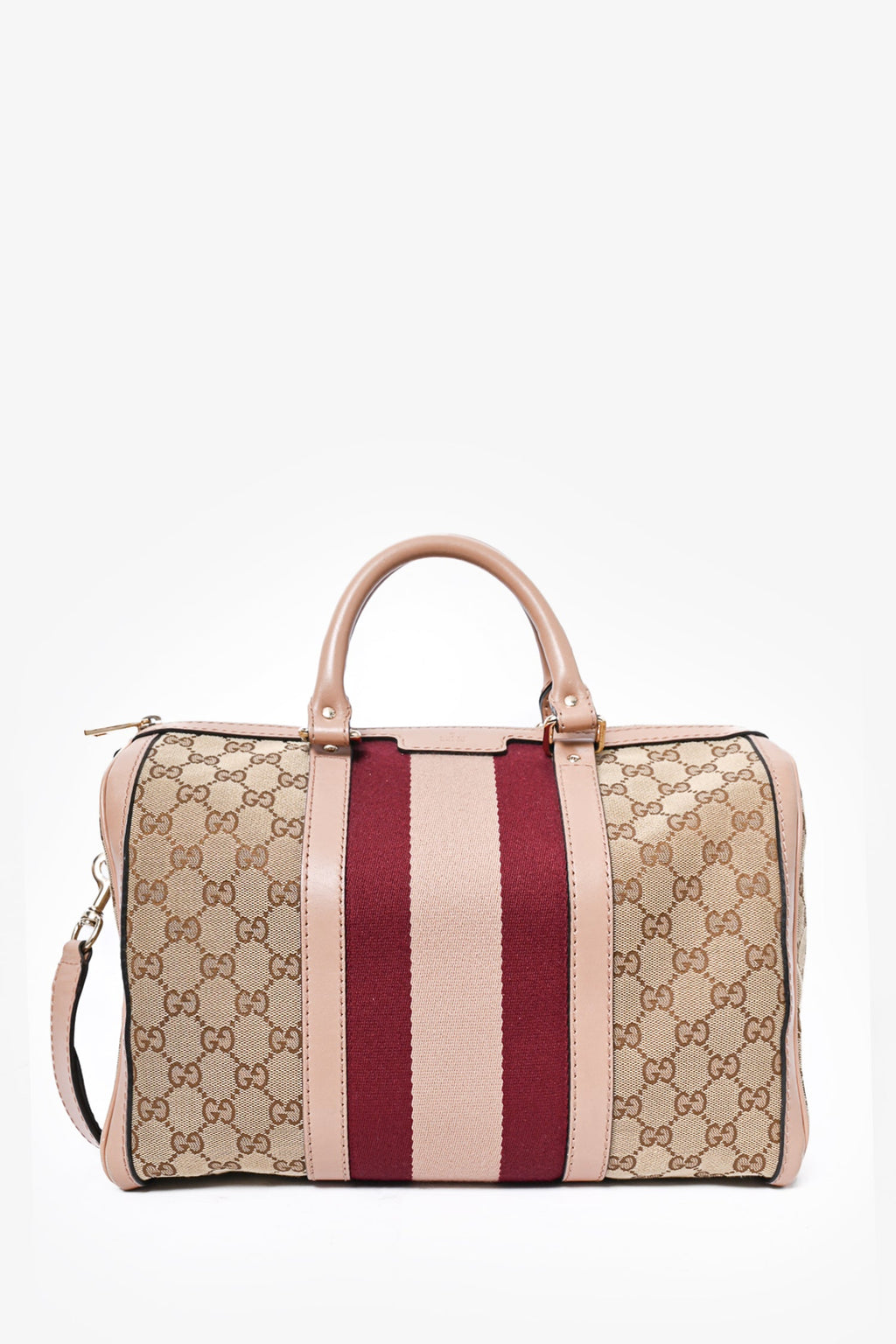 Gucci Brown GG Canvas/Pink Striped Boston Bag with Strap
