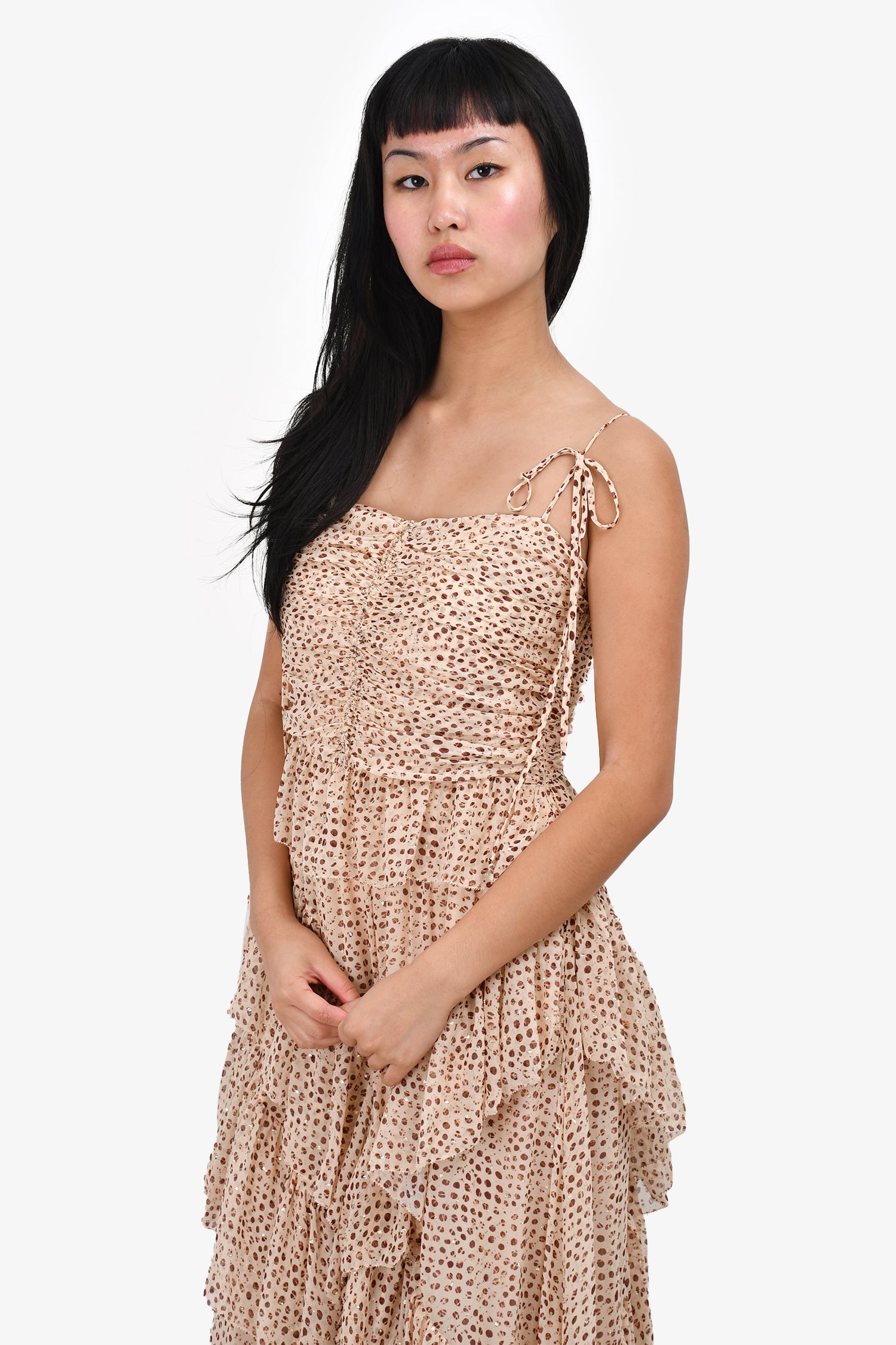 Ulla Johnson Beige/Brown Printed Silk Tiered 'Aveline' Maxi Dress Est. Size 6/8