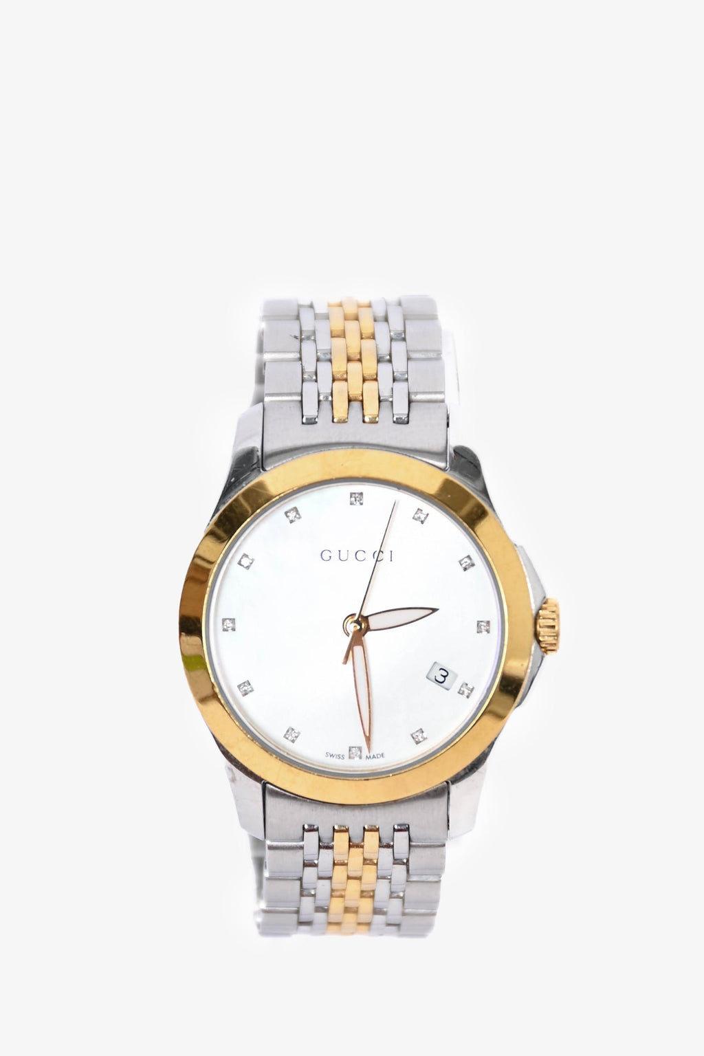 Gucci Stainless Steel/Gold Toned 27mm G-Timeless Watch with Mother of Pearl Diamond Dial
