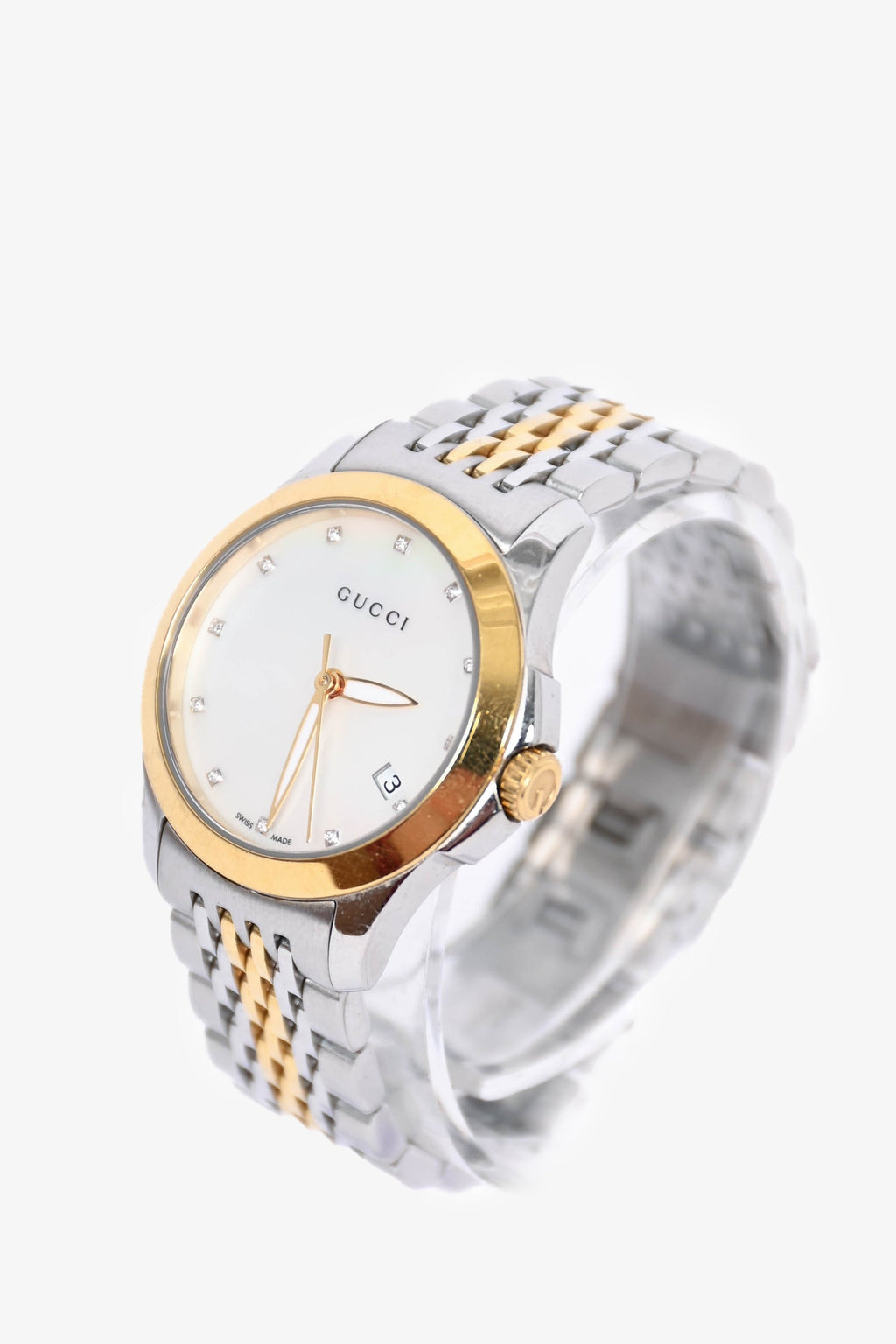 Gucci Stainless Steel/Gold Toned 27mm G-Timeless Watch with Mother of Pearl Diamond Dial