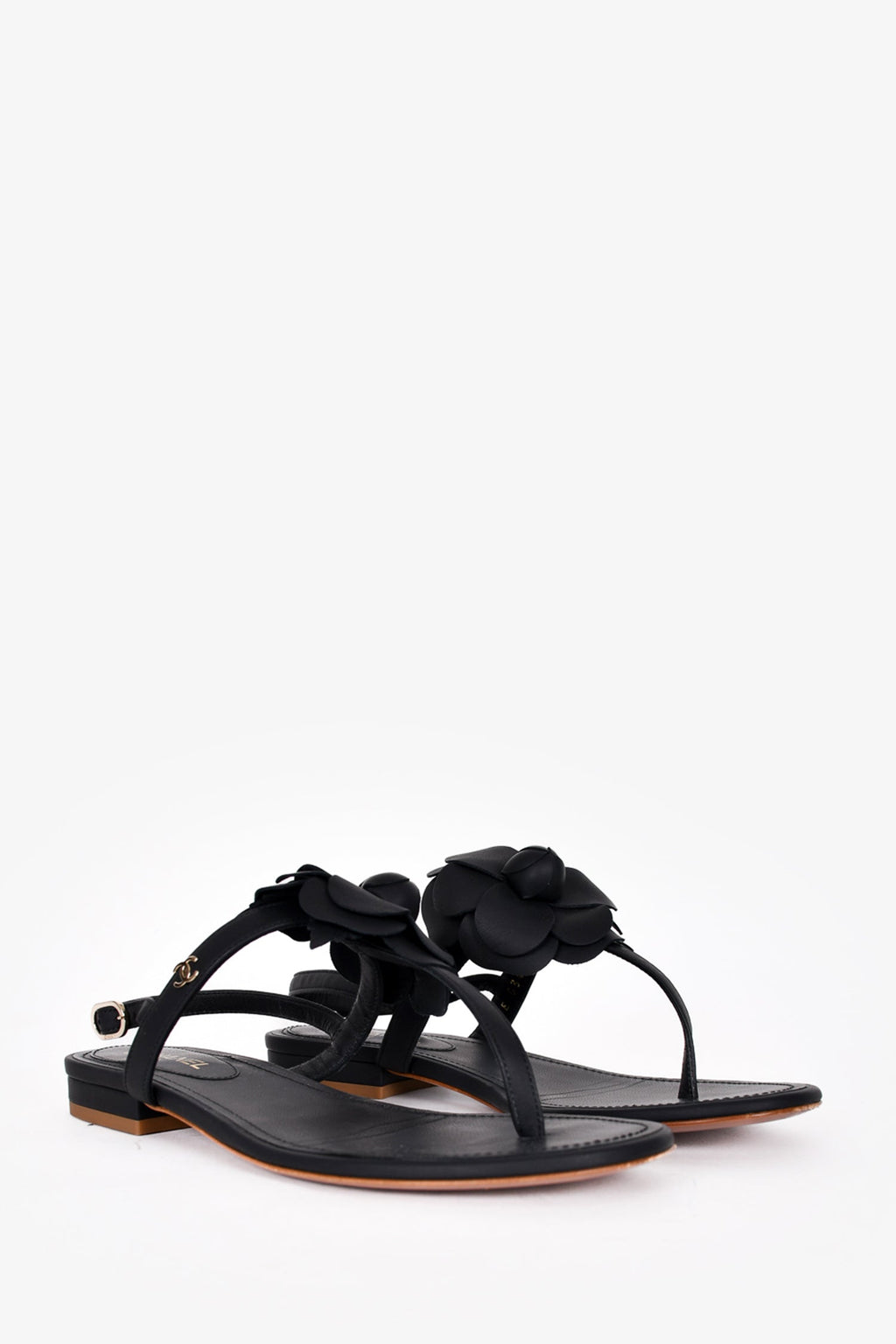 Pre-Loved Chanel™ Black Leather Camellia T-Strap Sandals Size 35.5
