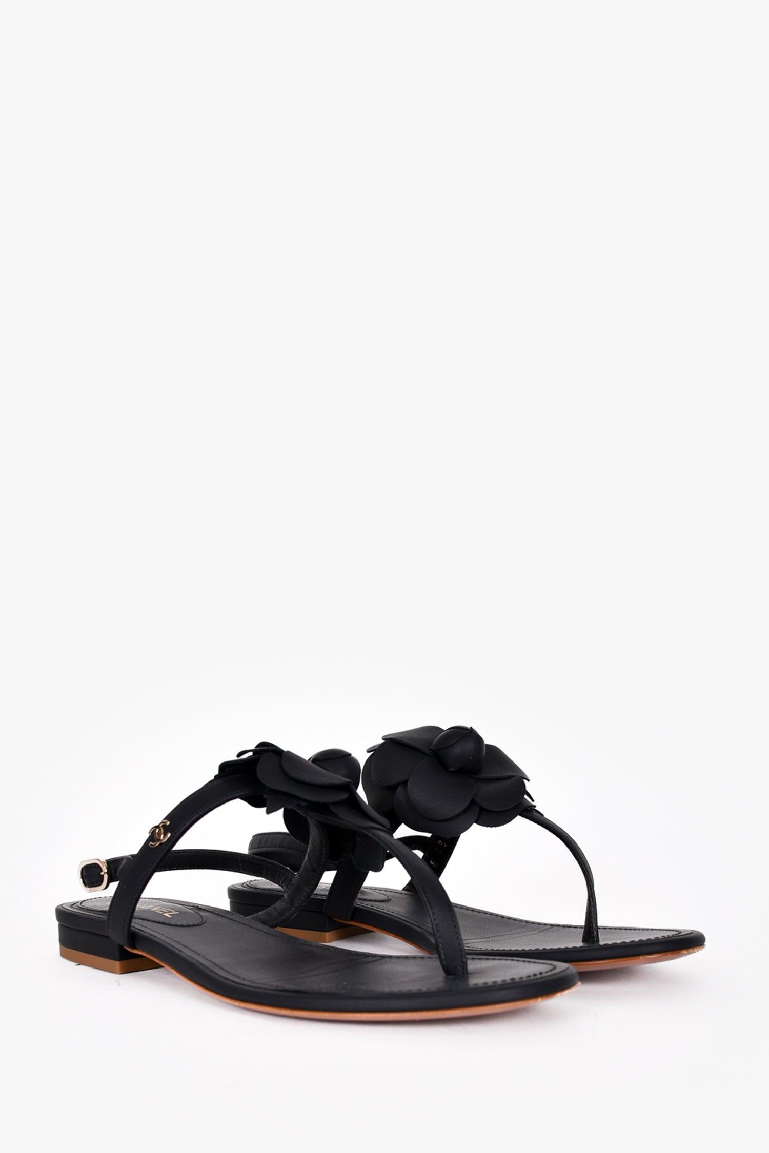 Pre-Loved Chanel™ Black Leather Camellia T-Strap Sandals Size 35.5
