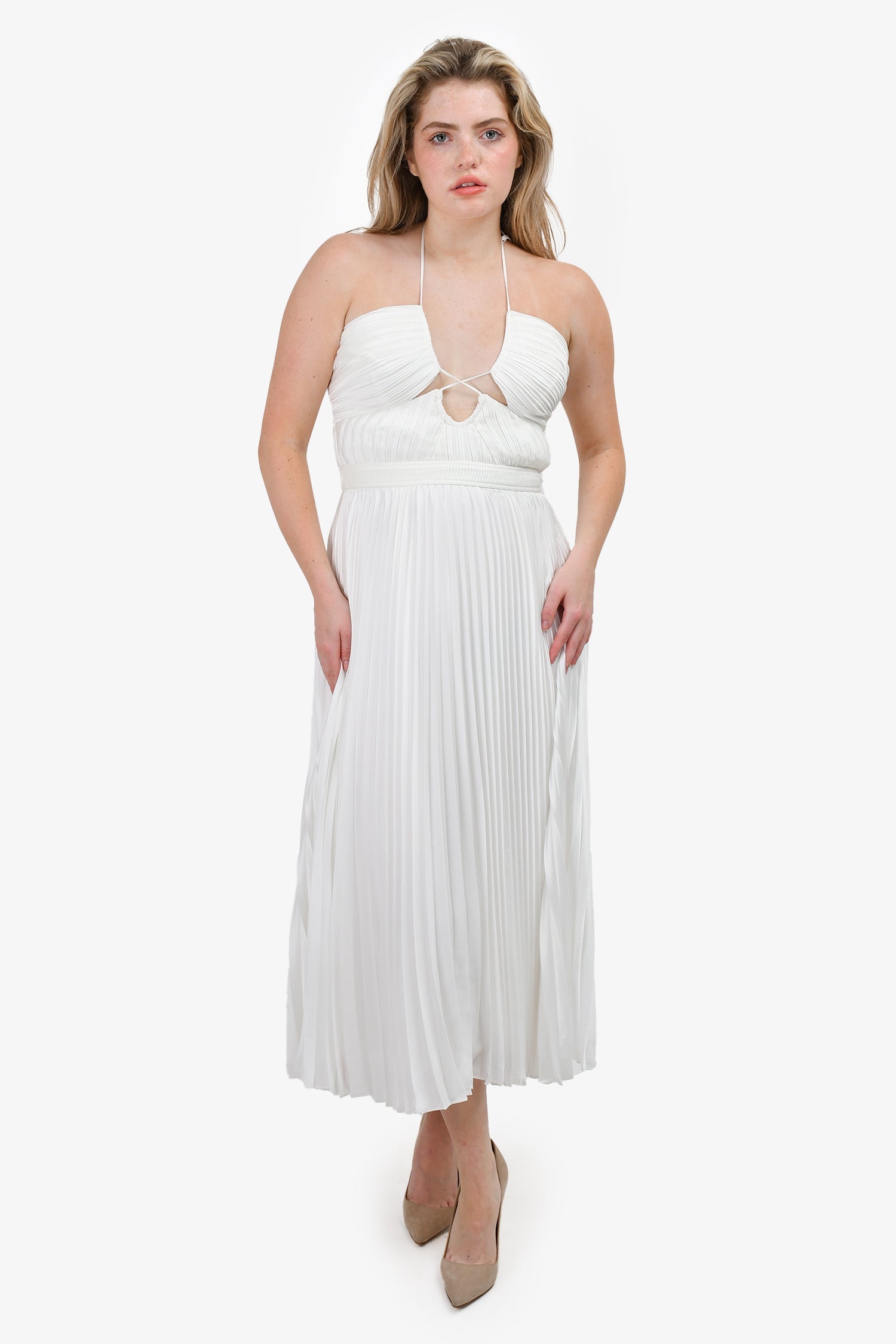 Jonathan Simkhai White Pleated Cut Out Detail Halter Dress Size 6
