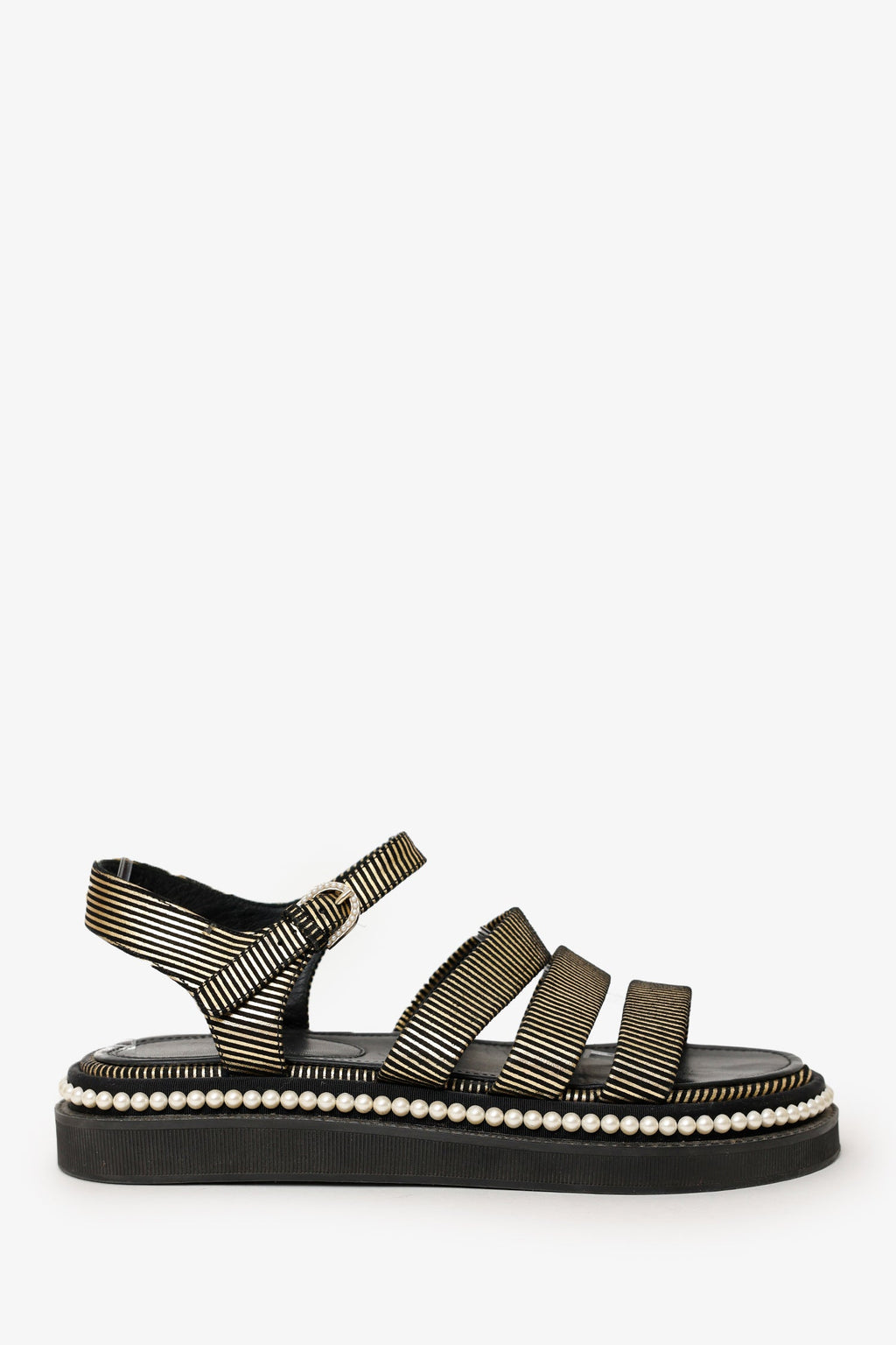 Pre-Loved Chanel™ Black/Gold Striped Faux Pearl Trimmed Sandals Size 37.5