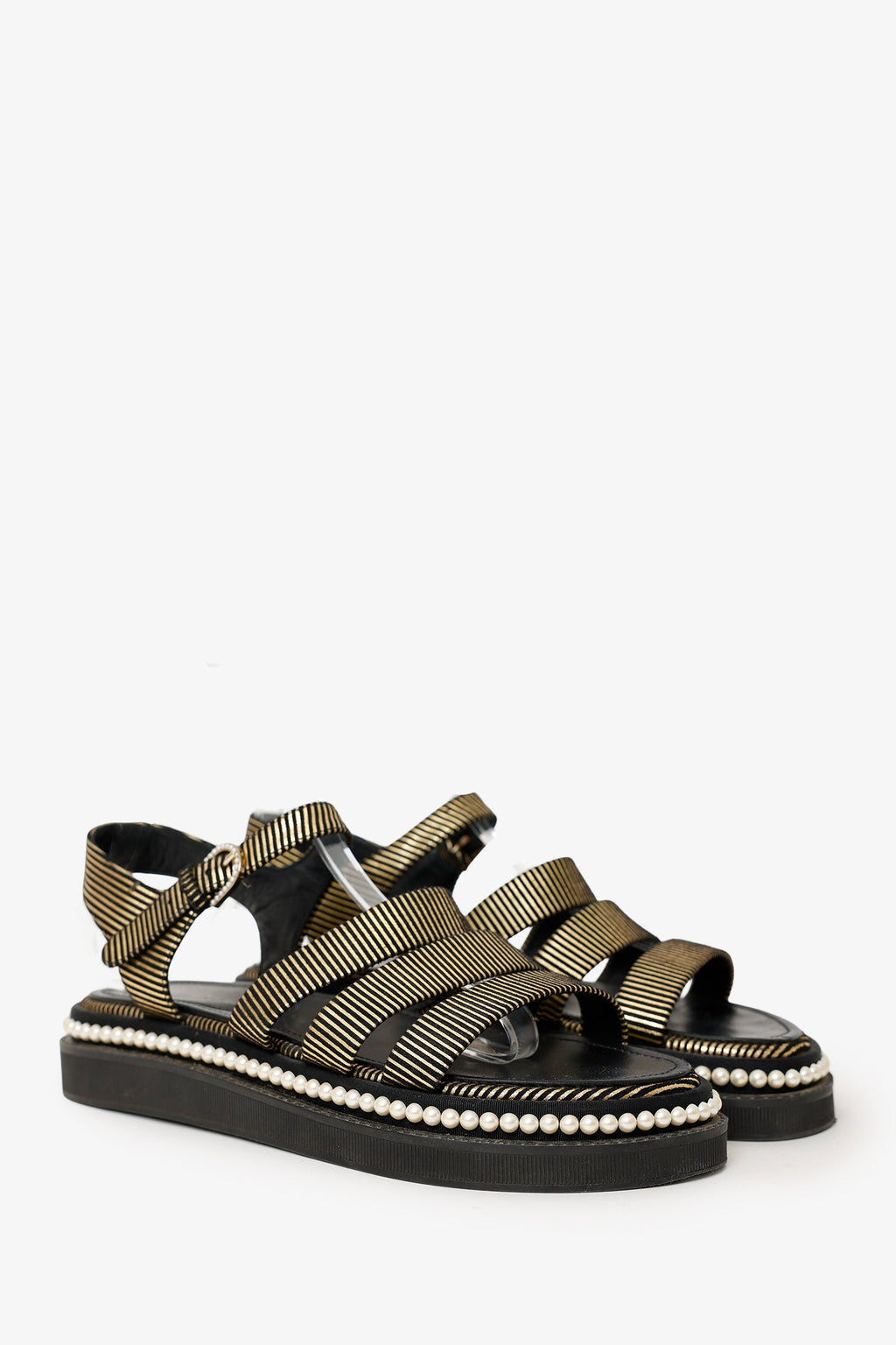 Pre-Loved Chanel™ Black/Gold Striped Faux Pearl Trimmed Sandals Size 37.5