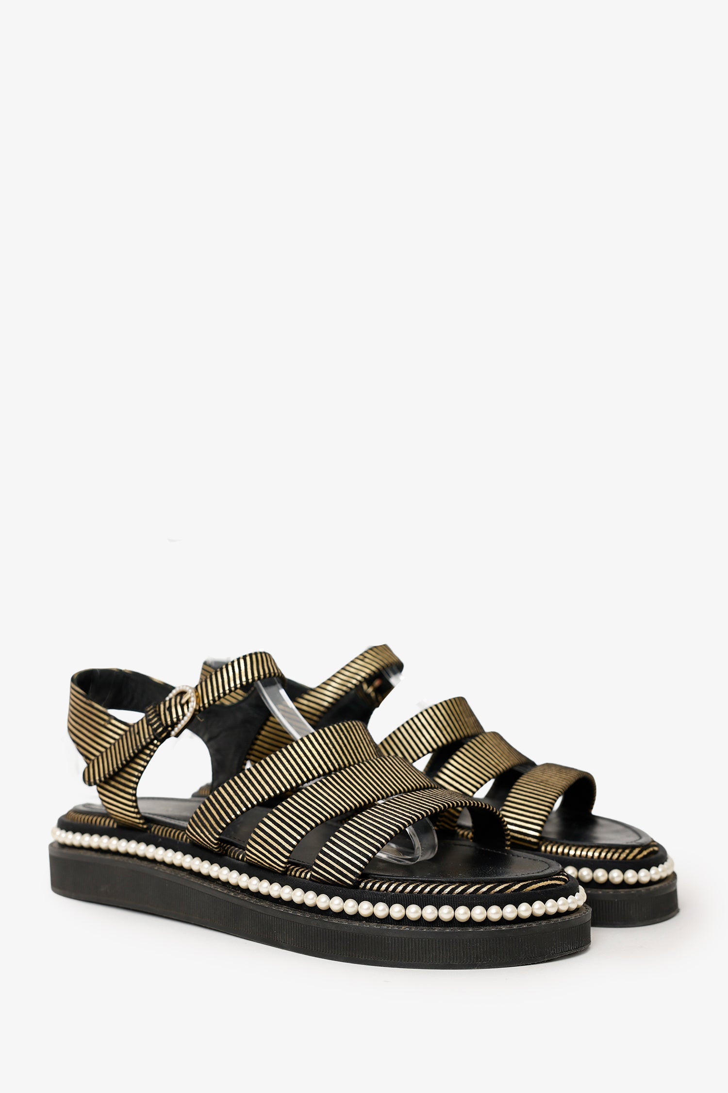 Pre-Loved Chanel™ Black/Gold Striped Faux Pearl Trimmed Sandals Size 37.5