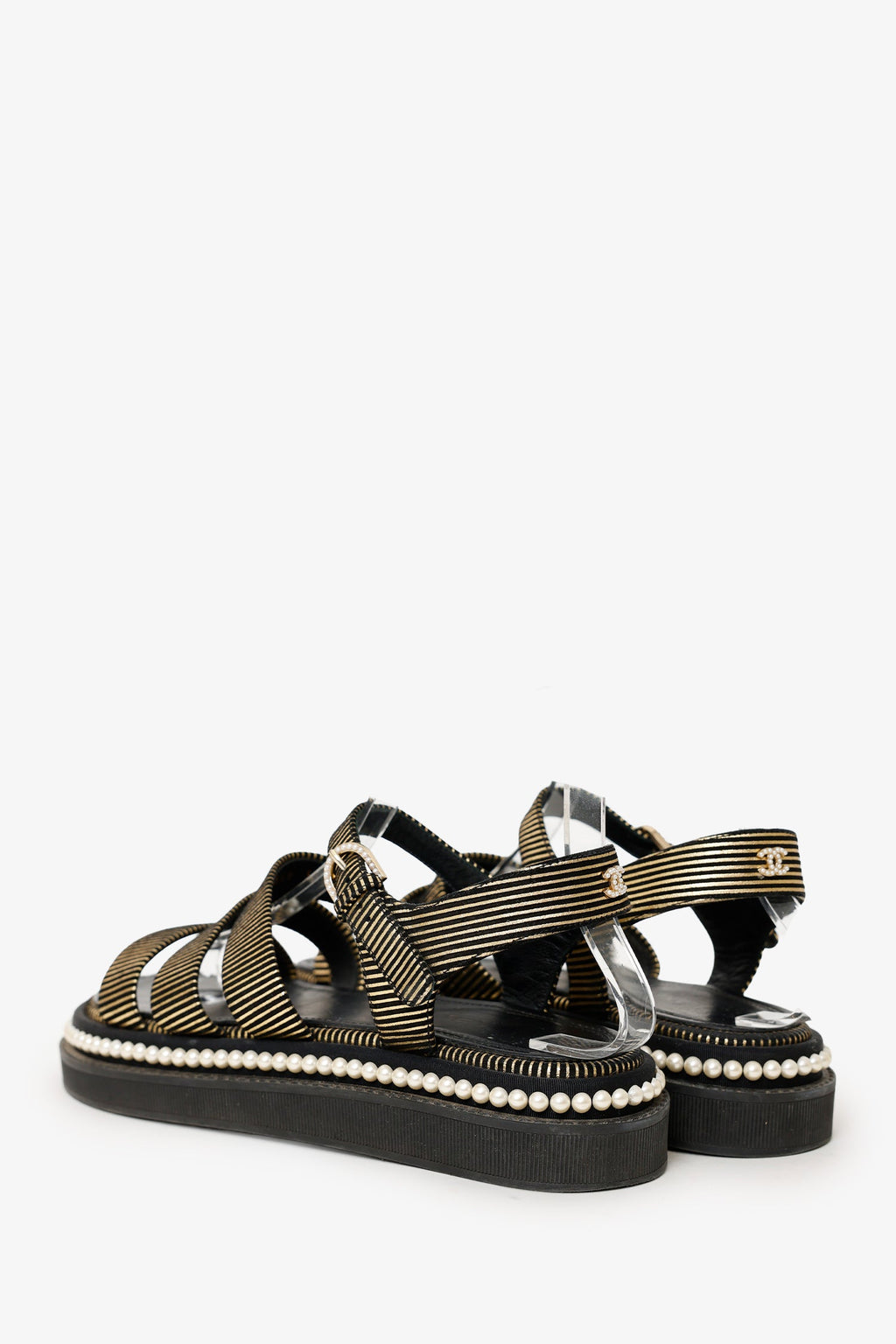 Pre-Loved Chanel™ Black/Gold Striped Faux Pearl Trimmed Sandals Size 37.5