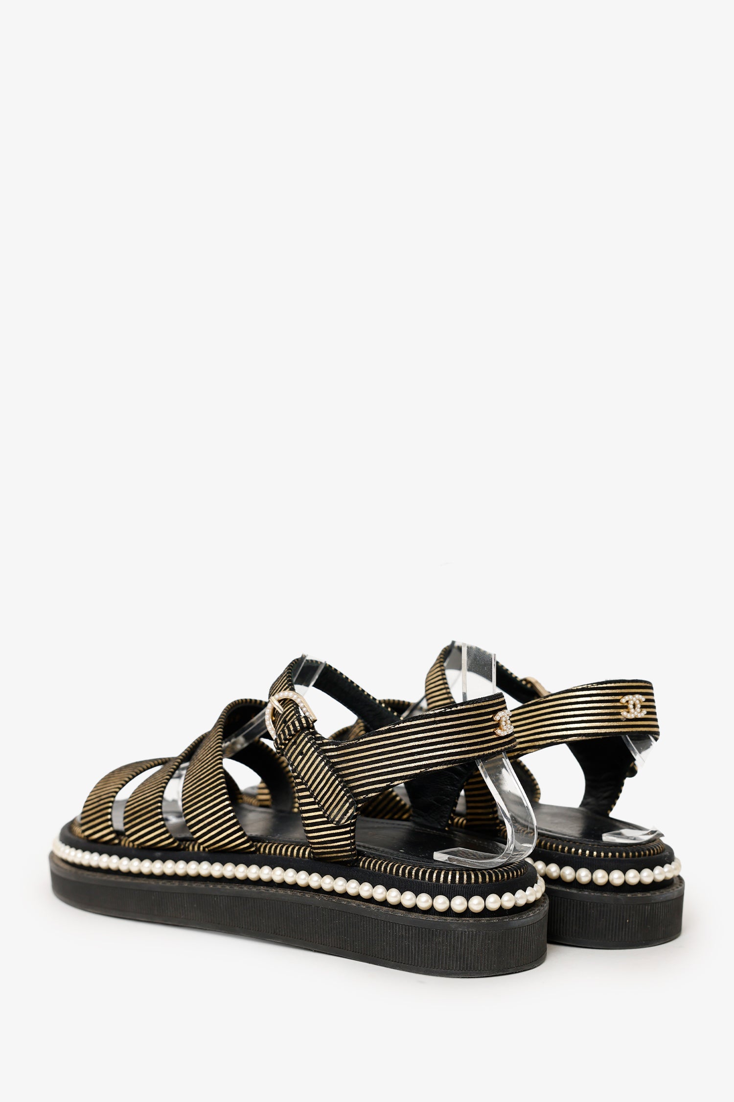 Pre-Loved Chanel™ Black/Gold Striped Faux Pearl Trimmed Sandals Size 37.5