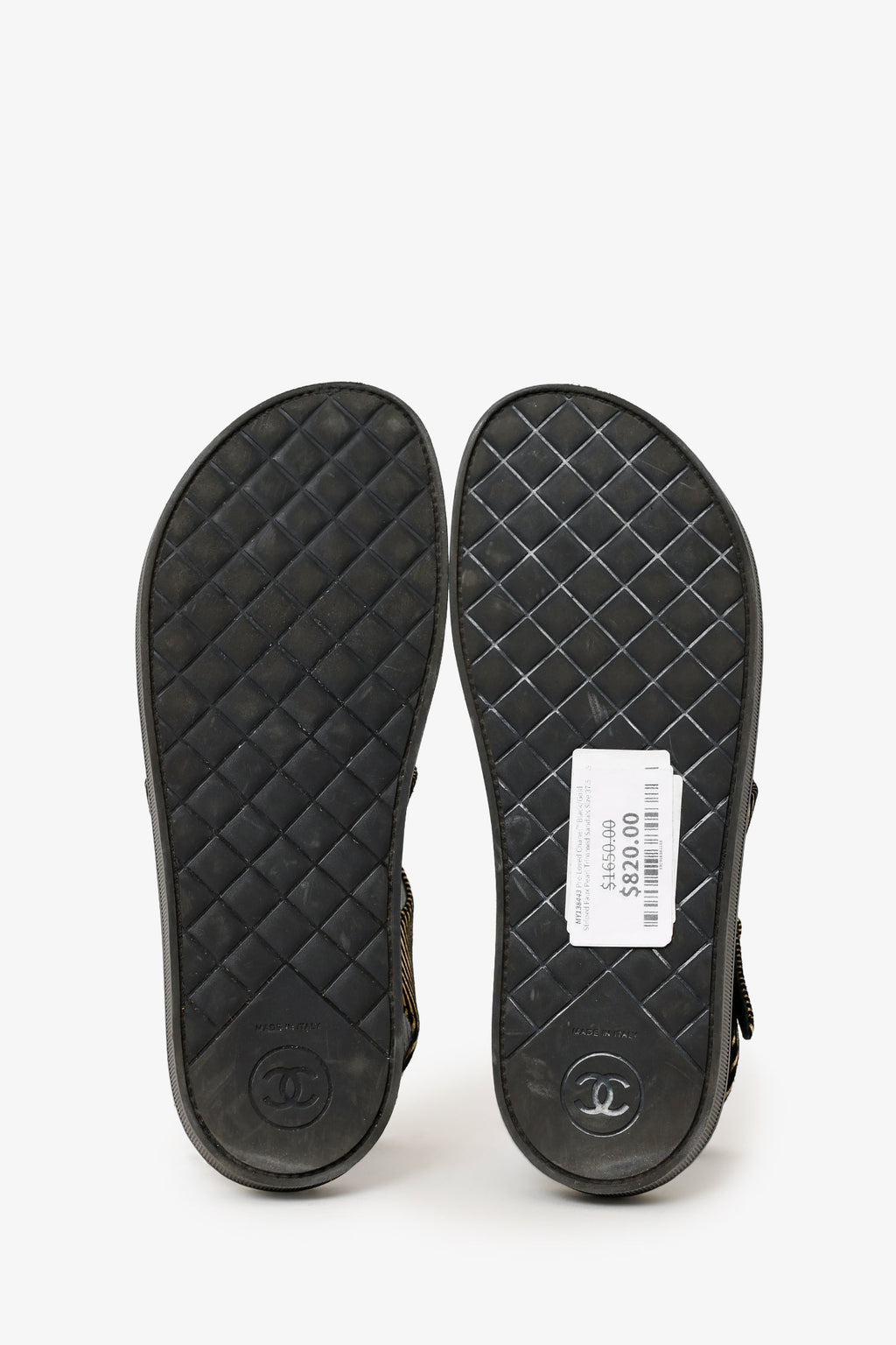 Pre-Loved Chanel™ Black/Gold Striped Faux Pearl Trimmed Sandals Size 37.5