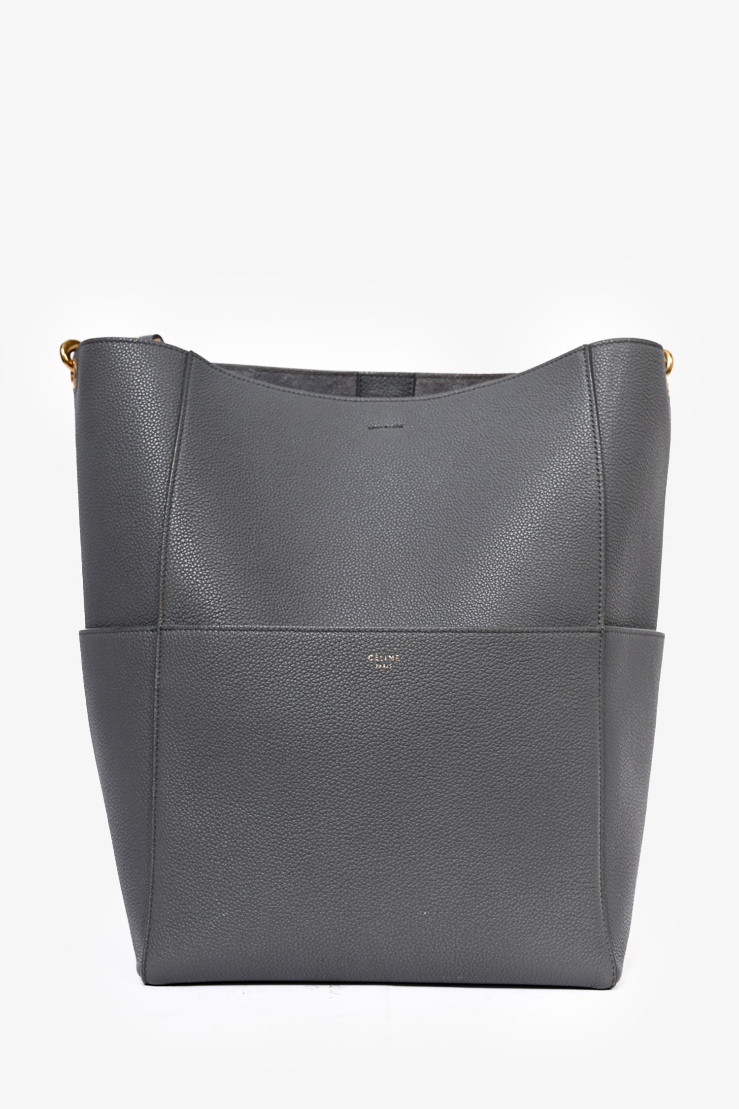Celine Grey Leather Medium 'Seau Sangle' Bucket Bag