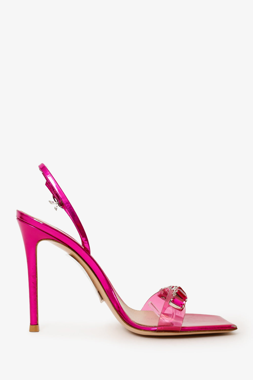 Gianvito Rossi Pink Metallic Jewel 105 Plexi Strap Sandals Size 37.5/38
