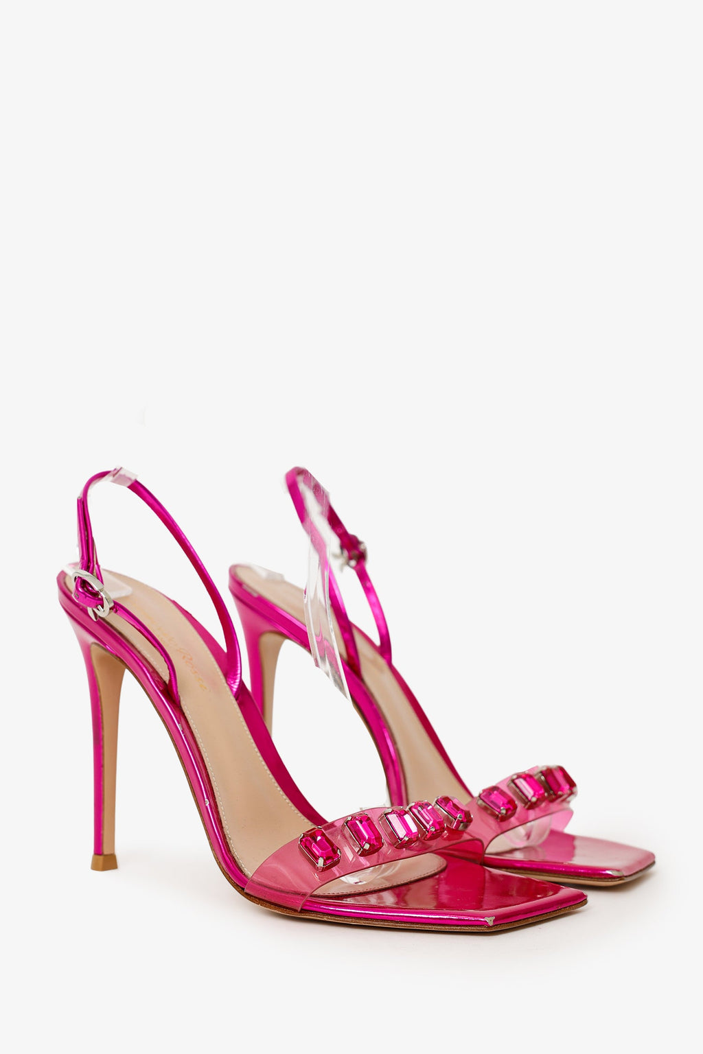 Gianvito Rossi Pink Metallic Jewel 105 Plexi Strap Sandals Size 37.5/38