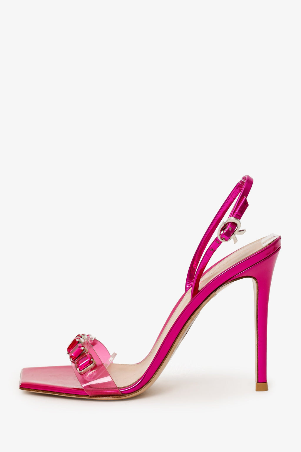 Gianvito Rossi Pink Metallic Jewel 105 Plexi Strap Sandals Size 37.5/38