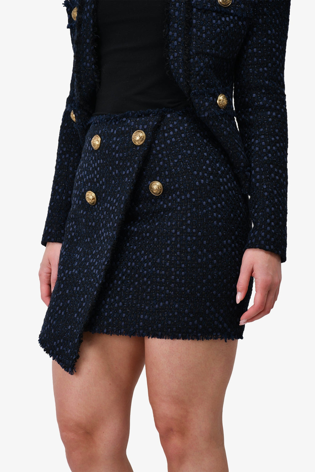 Balmain Navy Tweed Gold Button Detail Skirt Size 36