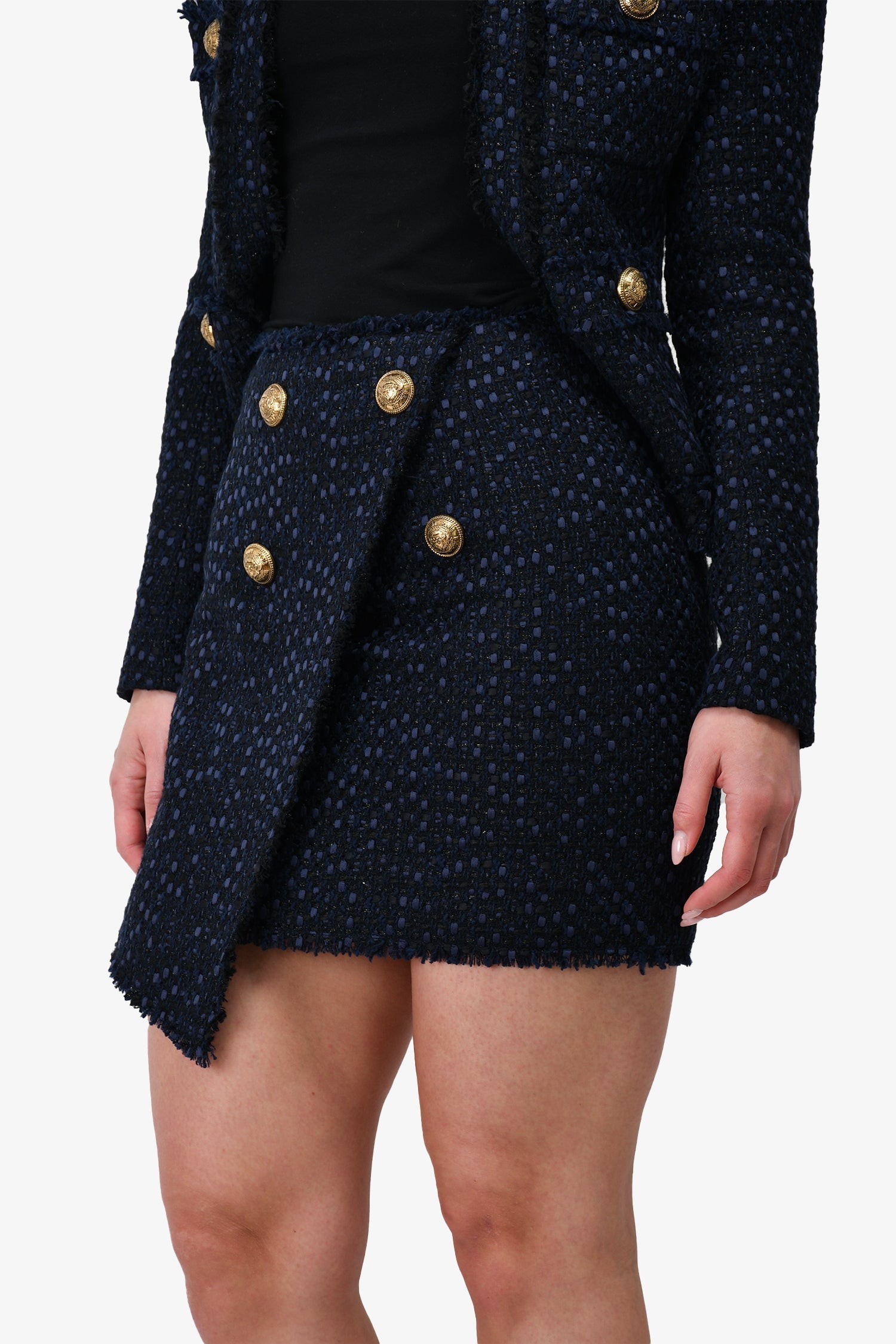 Balmain Navy Tweed Gold Button Detail Skirt Size 36