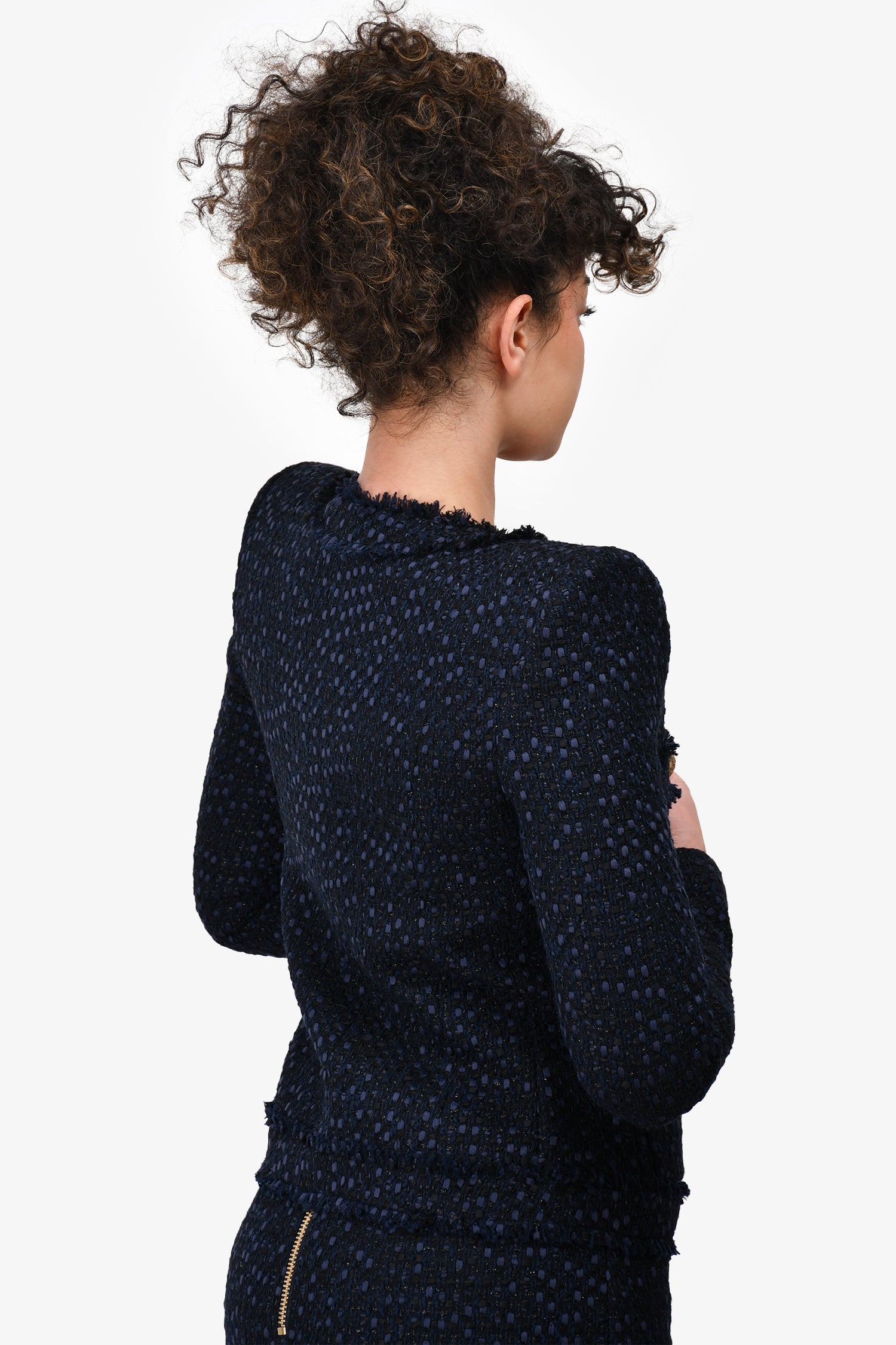 Balmain Navy Tweed Gold Button Detail Jacket Size 34