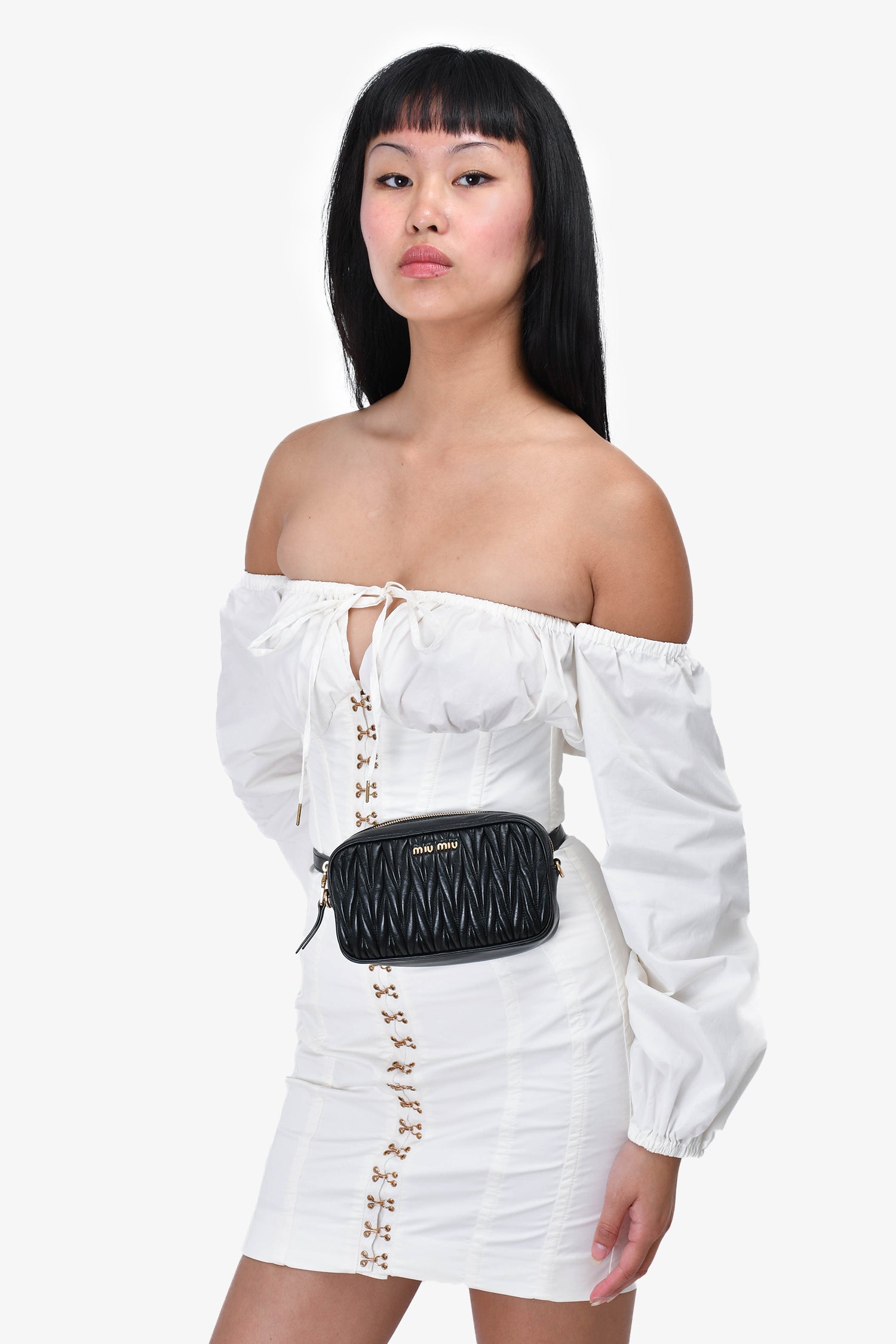 Miu Miu Black Leather Matelasse Crossbody Bag With Straps