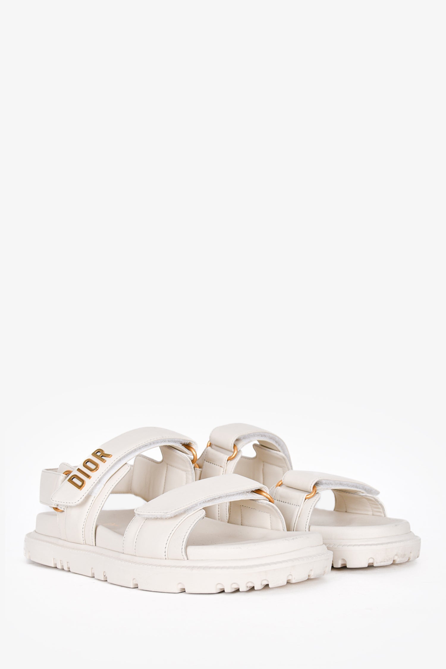 Christian Dior White Leather Gold Logo Chunky Sandals Size 38.5