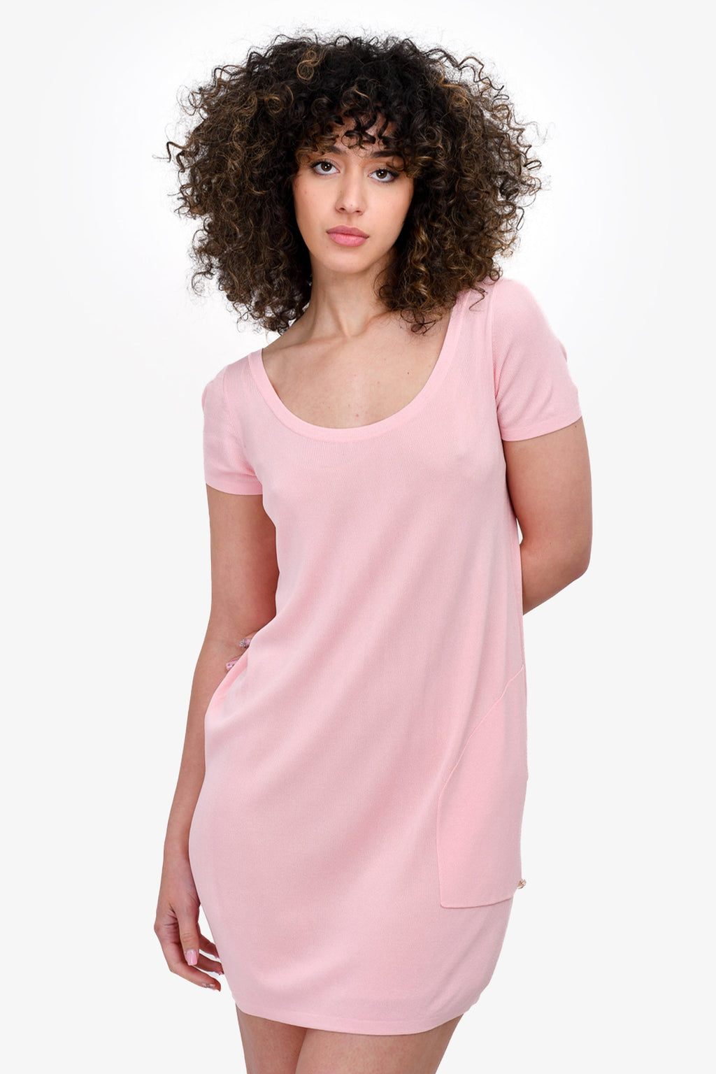 Pre-Loved Chanel™ Baby Pink Knit Short Sleeve Front Pocket Detail Dress Size 38