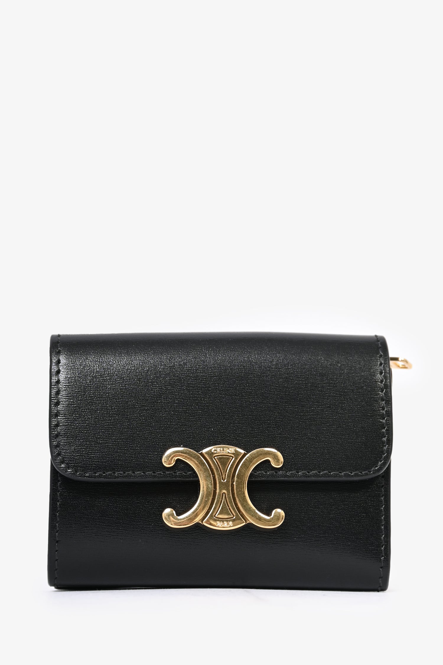 Celine Black Leather Triomphe Compact Wallet with Detachable Coin Pouch