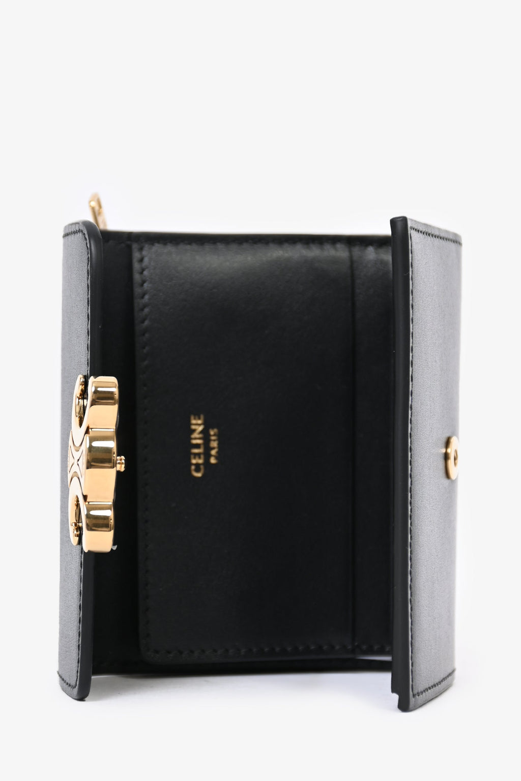 Celine Black Leather Triomphe Compact Wallet with Detachable Coin Pouch