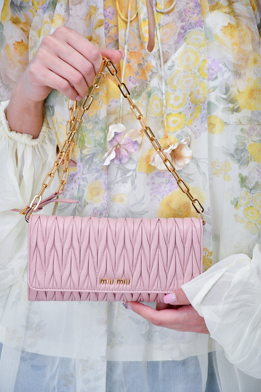 Miu Miu Pink Matelassé Leather Wallet on Chain