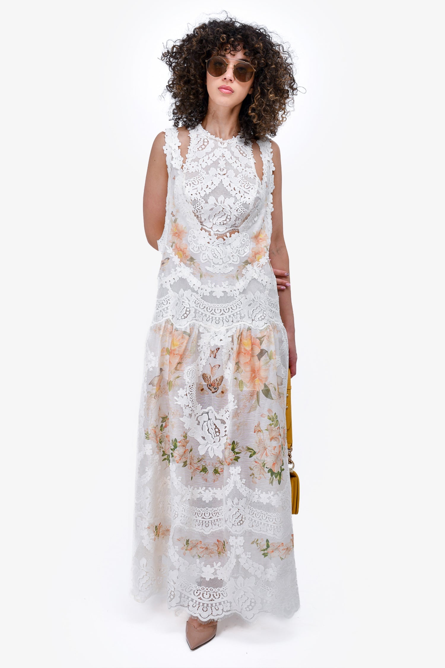 Zimmermann Cream/Peach Linen/Silk Floral Lace Embroidered Dress Size 0