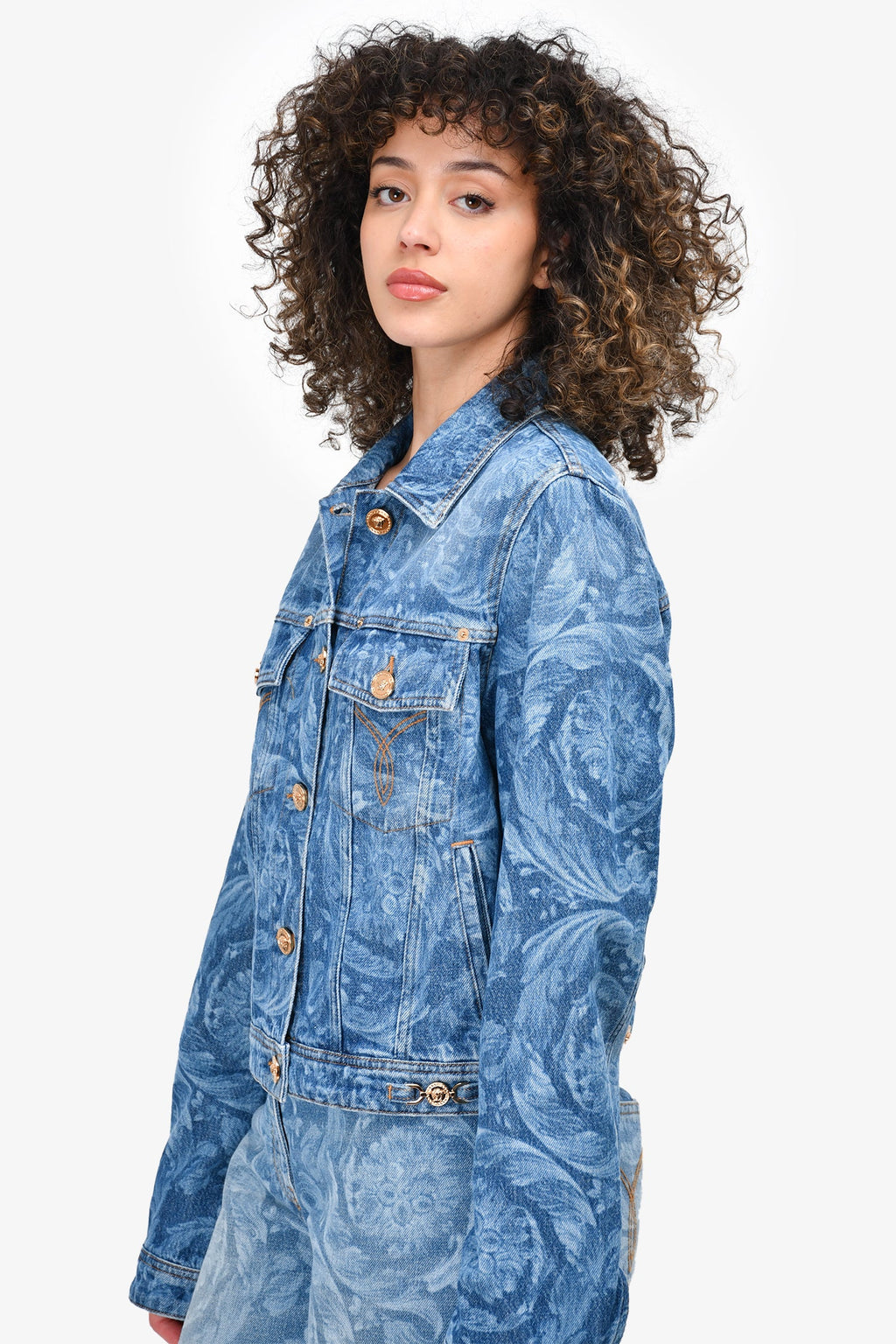 Versace Blue Denim Floral Printed Jacket Size 46