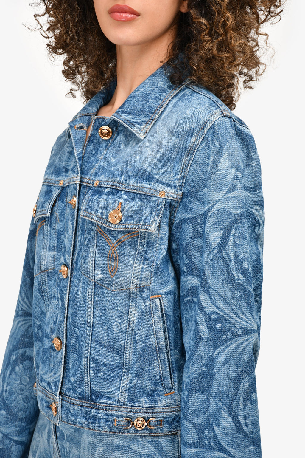 Versace Blue Denim Floral Printed Jacket Size 46