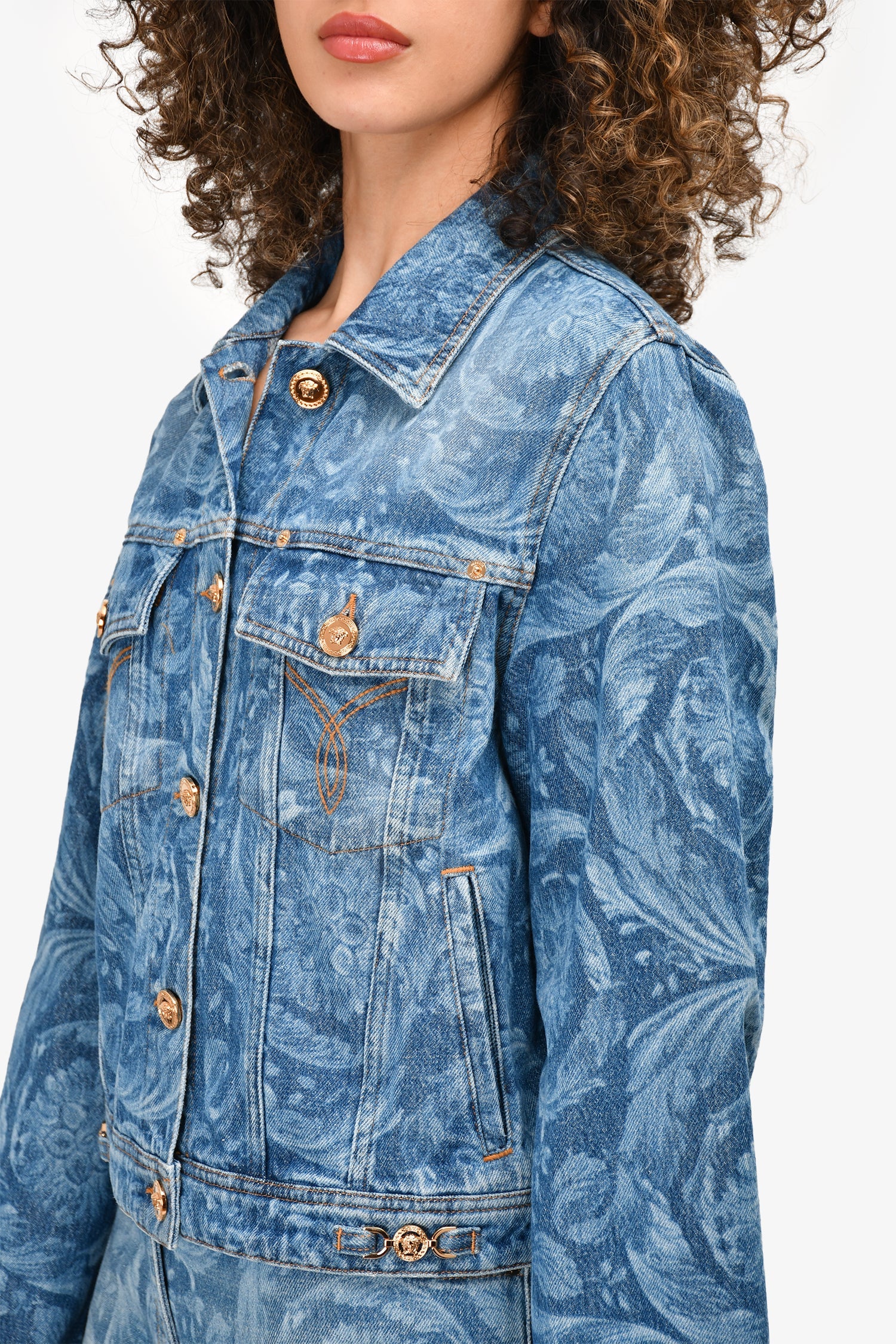 Versace Blue Denim Floral Printed Jacket Size 46
