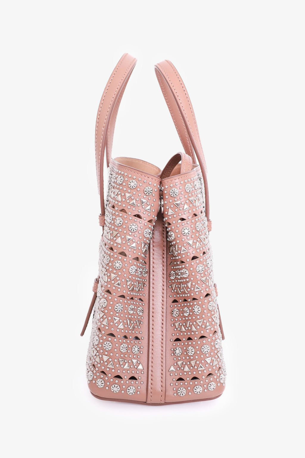 Alaïa Taupe Leather Studded Laser Cut Mini Tote Bag With Strap