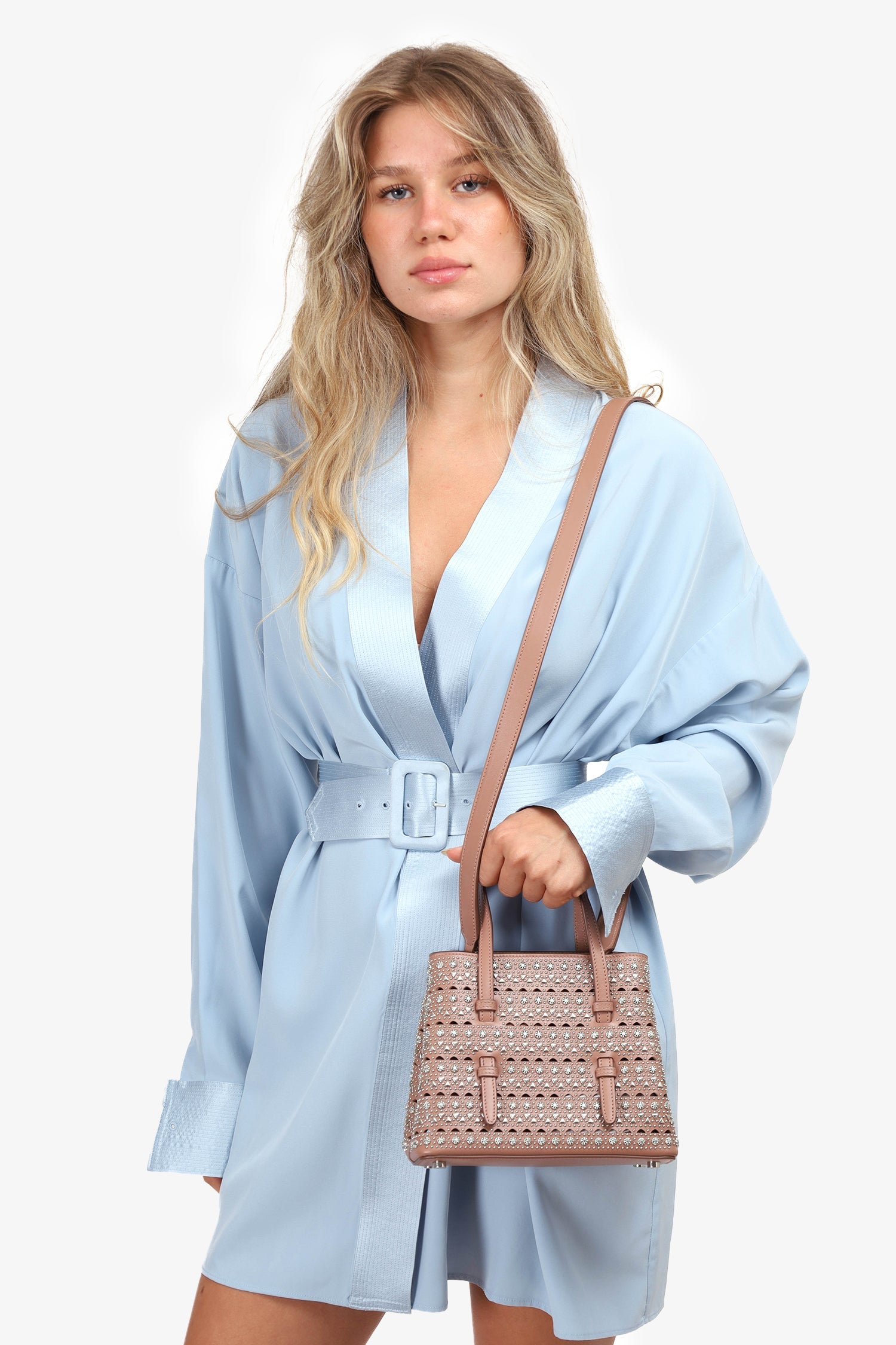 Alaïa Taupe Leather Studded Laser Cut Mini Tote Bag With Strap
