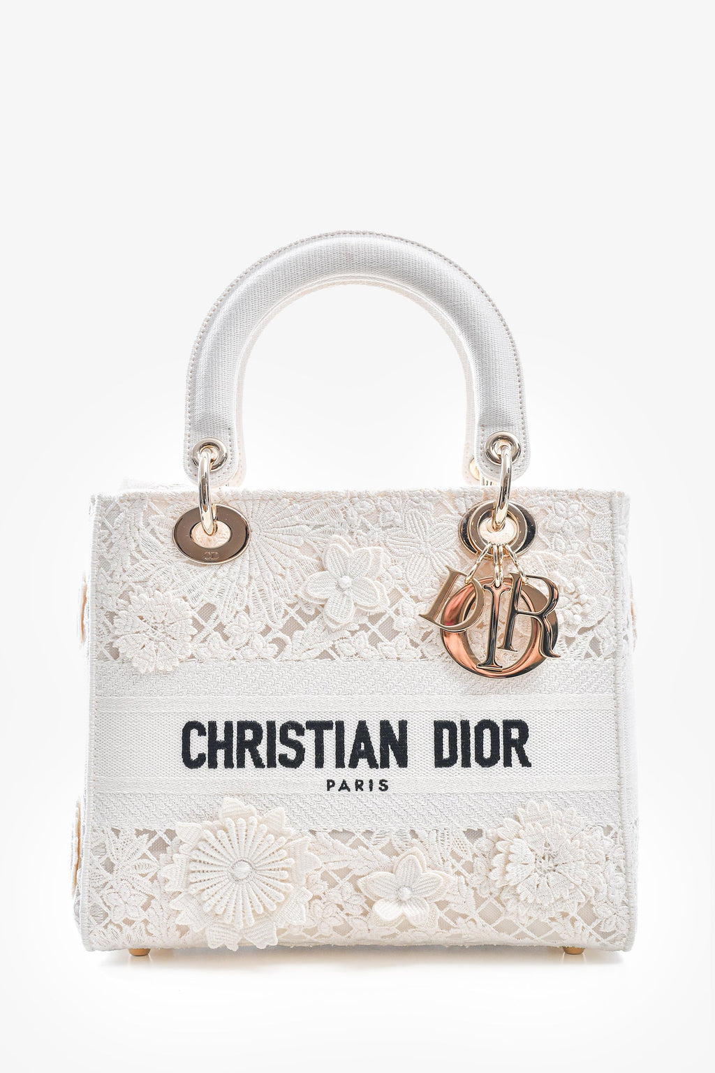 Christian Dior 2023 White Lace Floral Medium D-Lite Top Handle with Strap