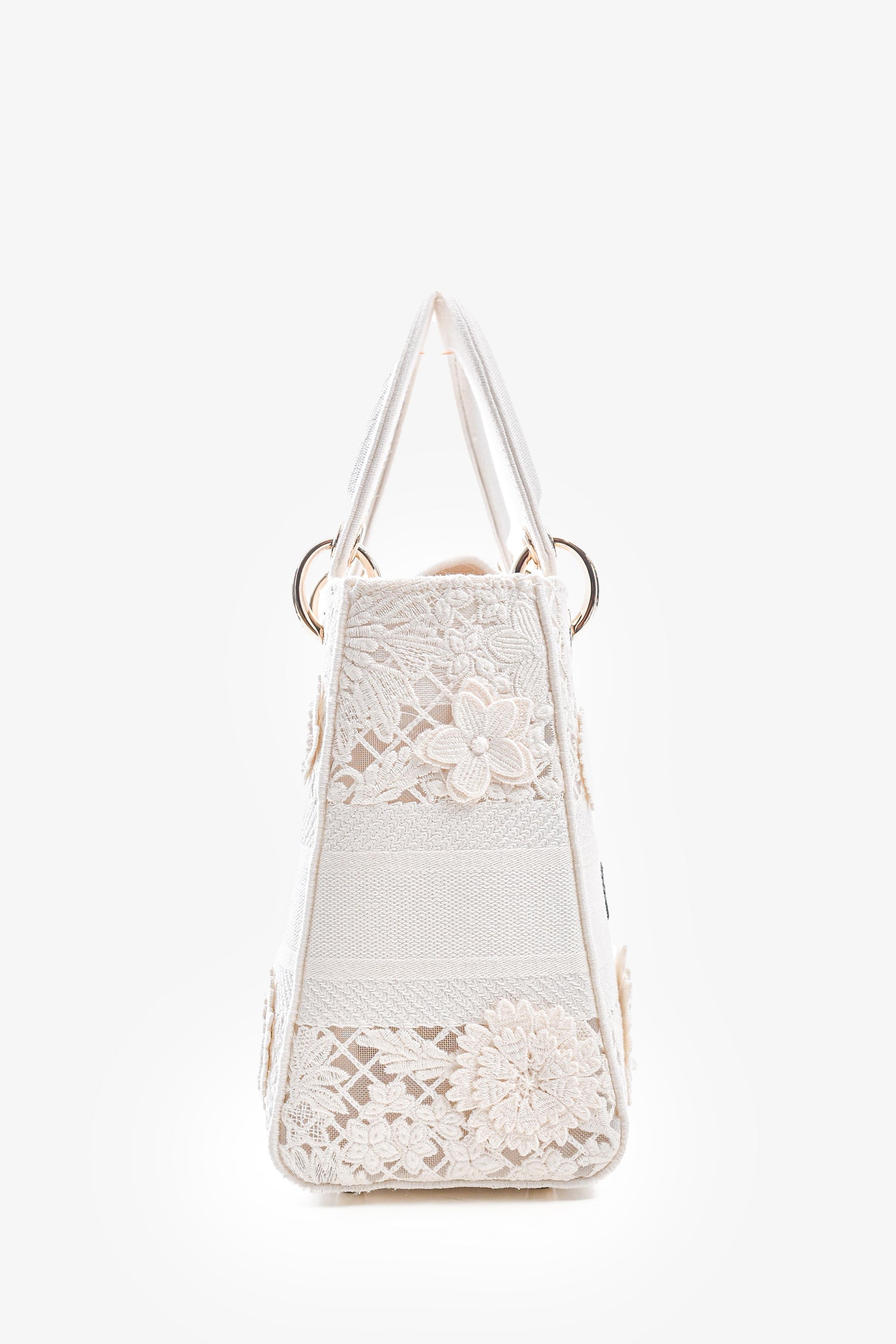 Christian Dior 2023 White Lace Floral Medium D-Lite Top Handle with Strap