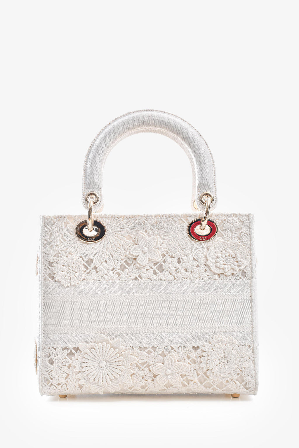 Christian Dior 2023 White Lace Floral Medium D-Lite Top Handle with Strap
