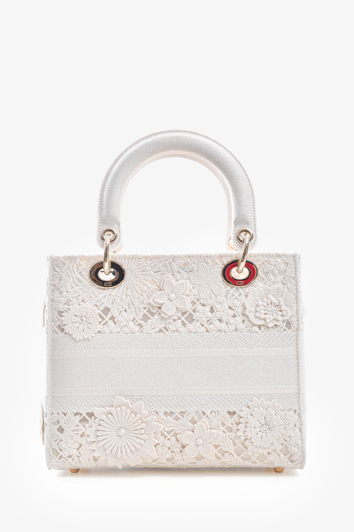 Christian Dior 2023 White Lace Floral Medium D-Lite Top Handle with Strap