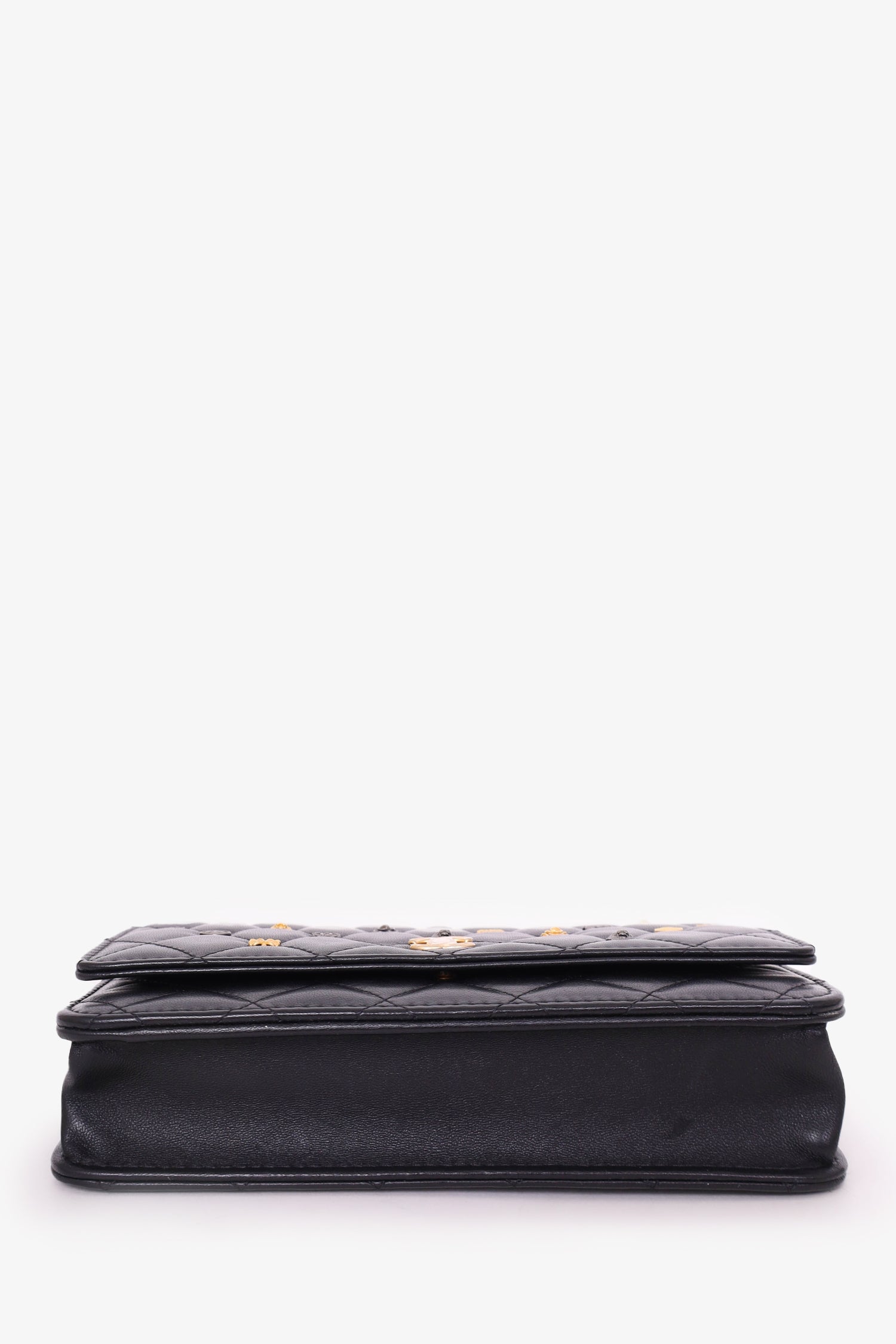 Pre-Loved Chanel™ 2018-19 Black Lambskin Quilted Studded Lucky Charm Wallet On Chain