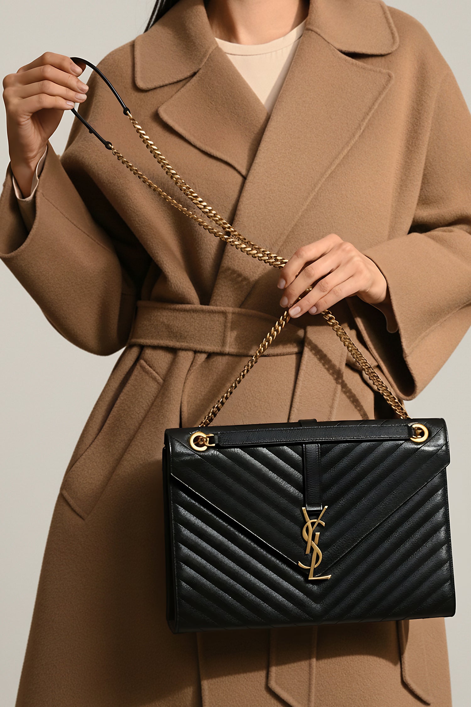Saint Laurent Black Quilted Grain De Poudre Leather Large Envelope Chain Bag