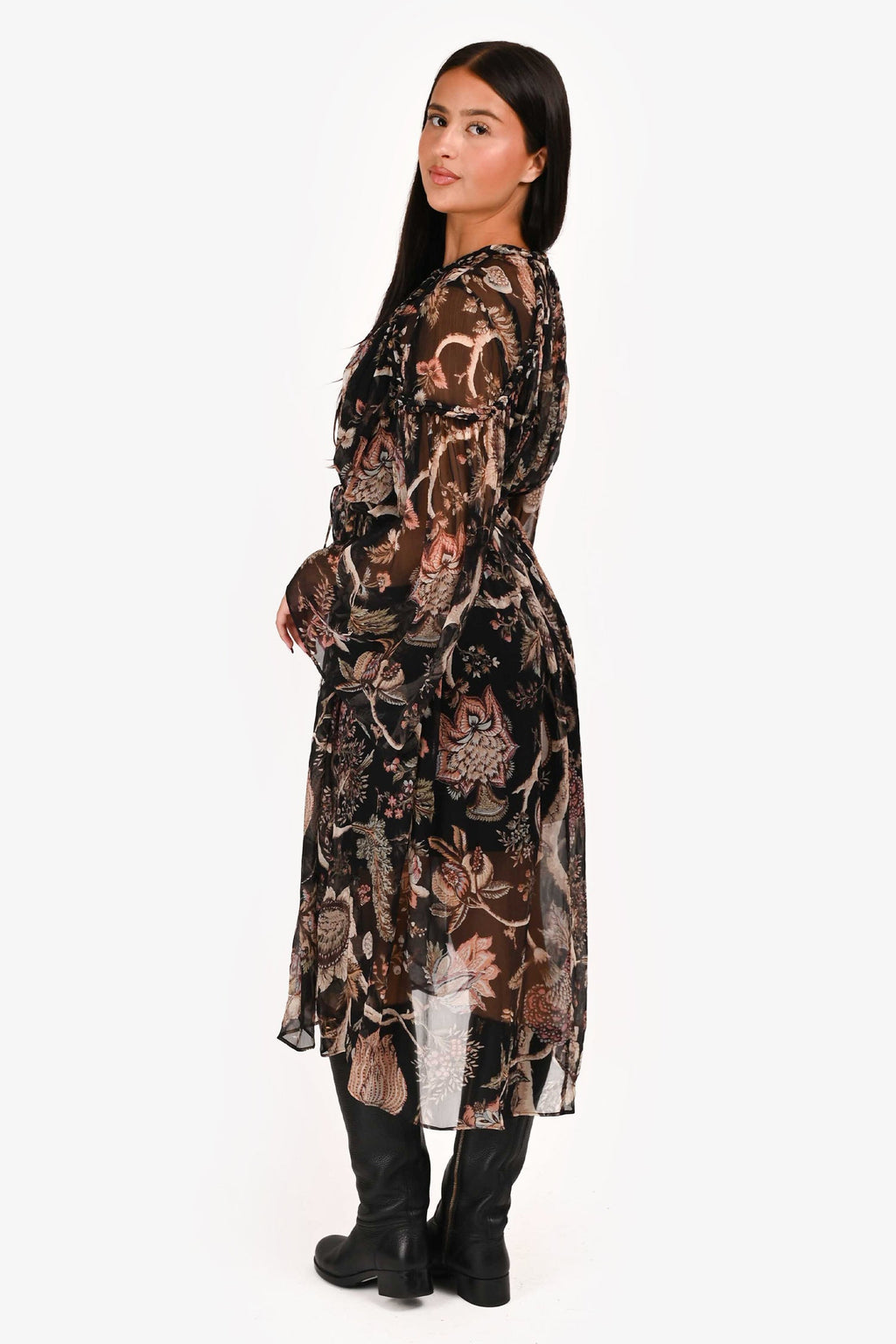 Zimmermann Black Floral Silk Sheer Midi Dress Size 3