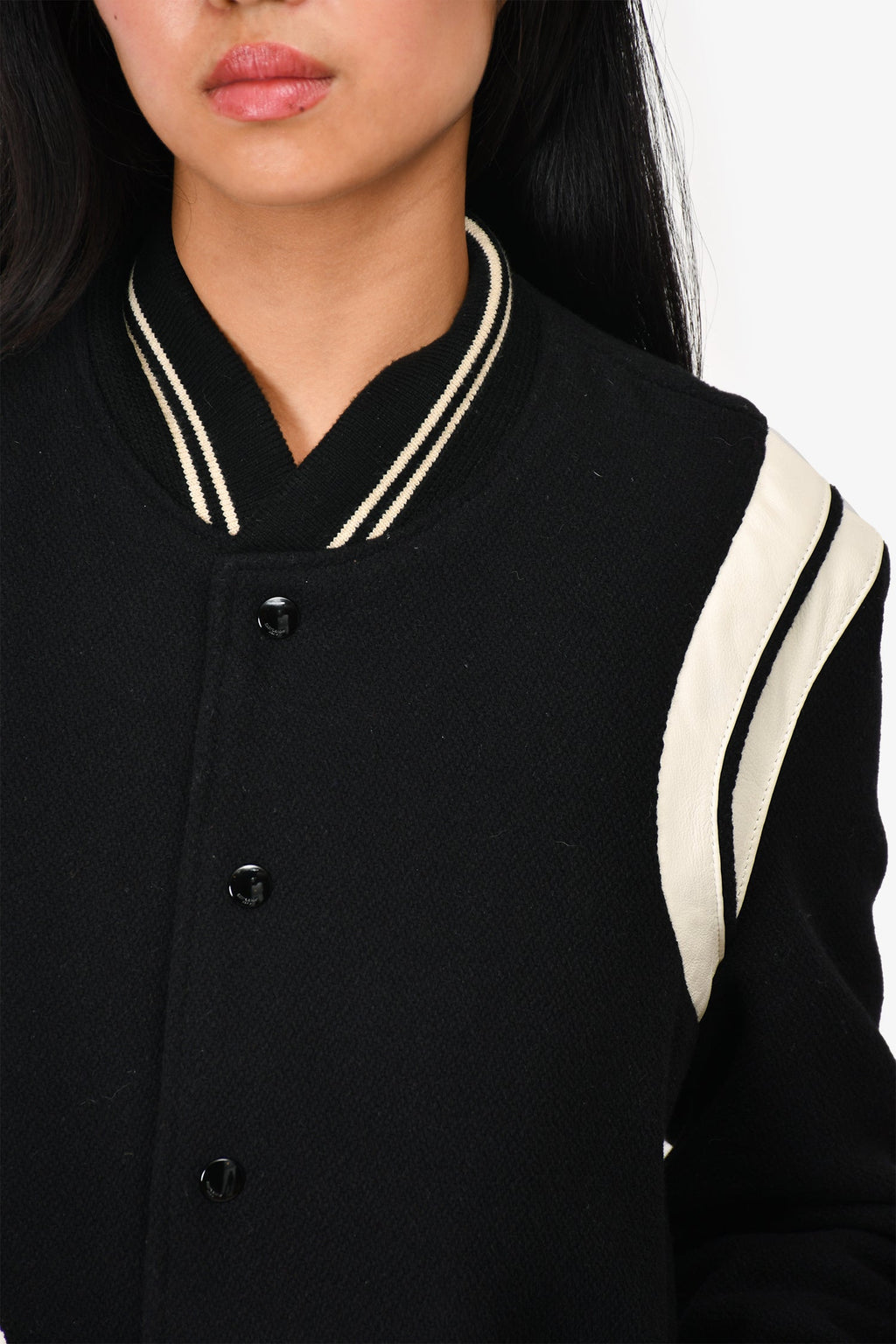 Saint Laurent Black/White Wool/Leather Bomber Jacket Size 48 Mens