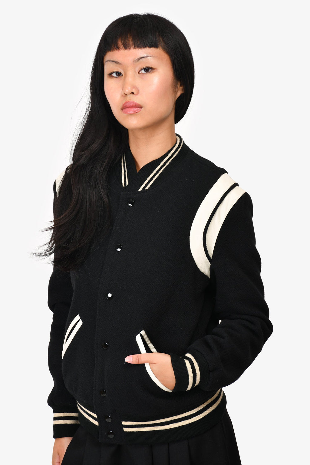 Saint Laurent Black/White Wool/Leather Bomber Jacket Size 48 Mens