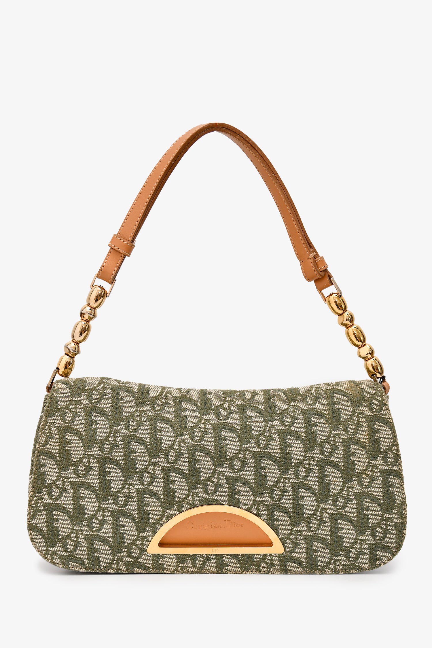 Christian Dior 1991 Green/Cream Canvas Monogram 'Maris Pearl' Shoulder Bag