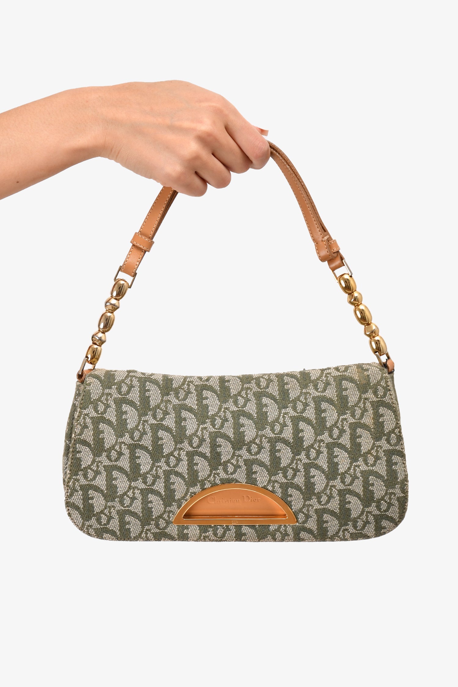 Christian Dior 1991 Green/Cream Canvas Monogram 'Maris Pearl' Shoulder Bag