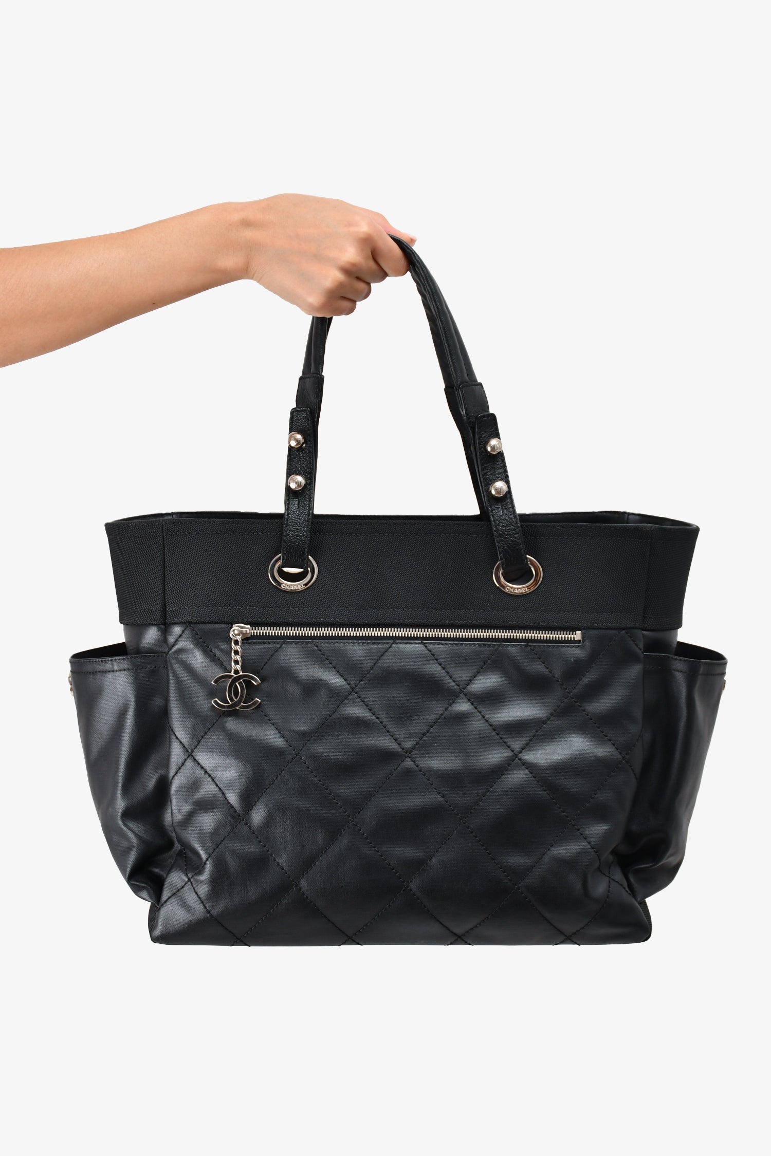 Pre-Loved Chanel™ 2012 Black Leather/Canvas 'Paris Biarritz' Tote Bag