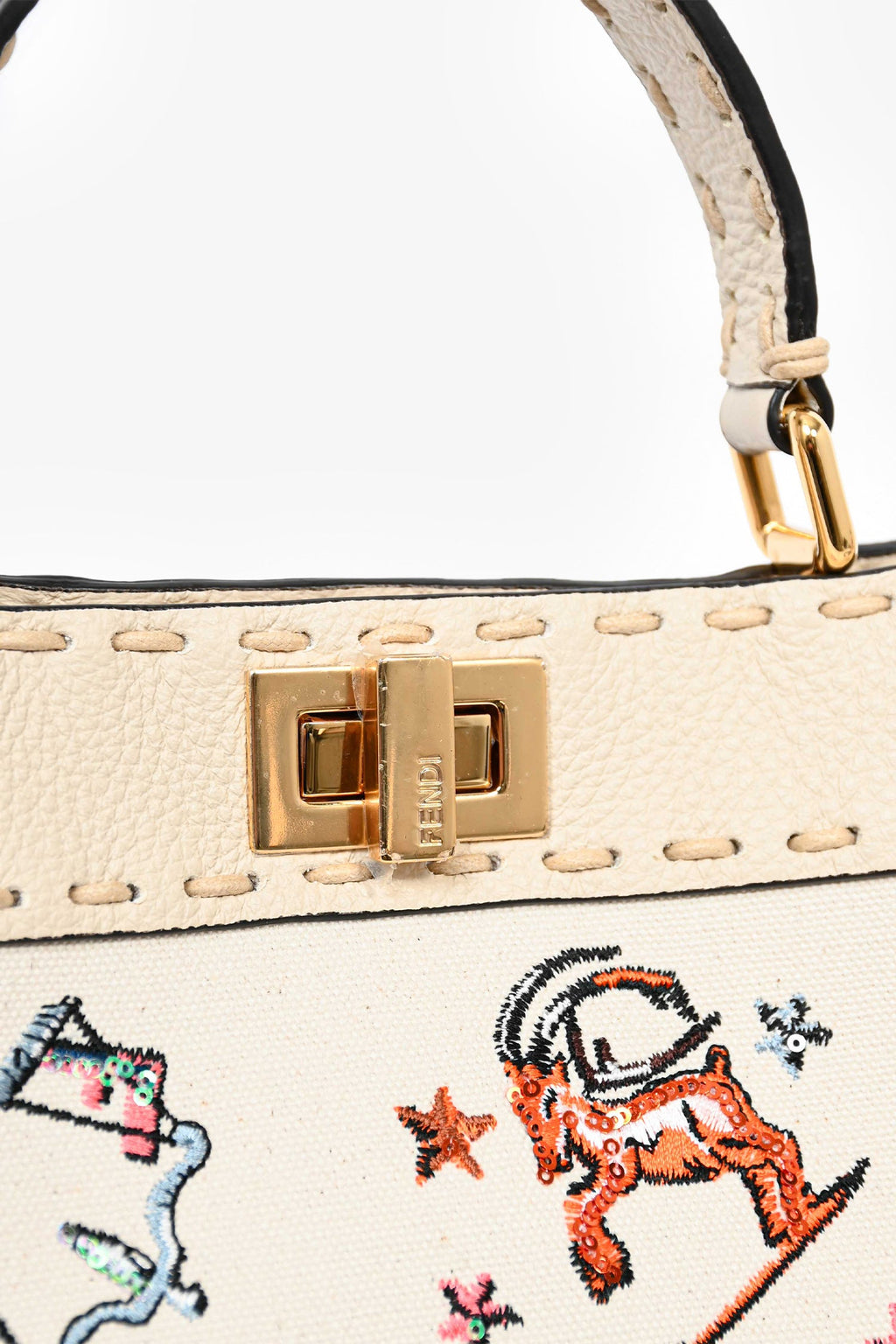 Fendi Cream Leather Astrology Embroidered Canvas Mini Peekaboo Top Handle